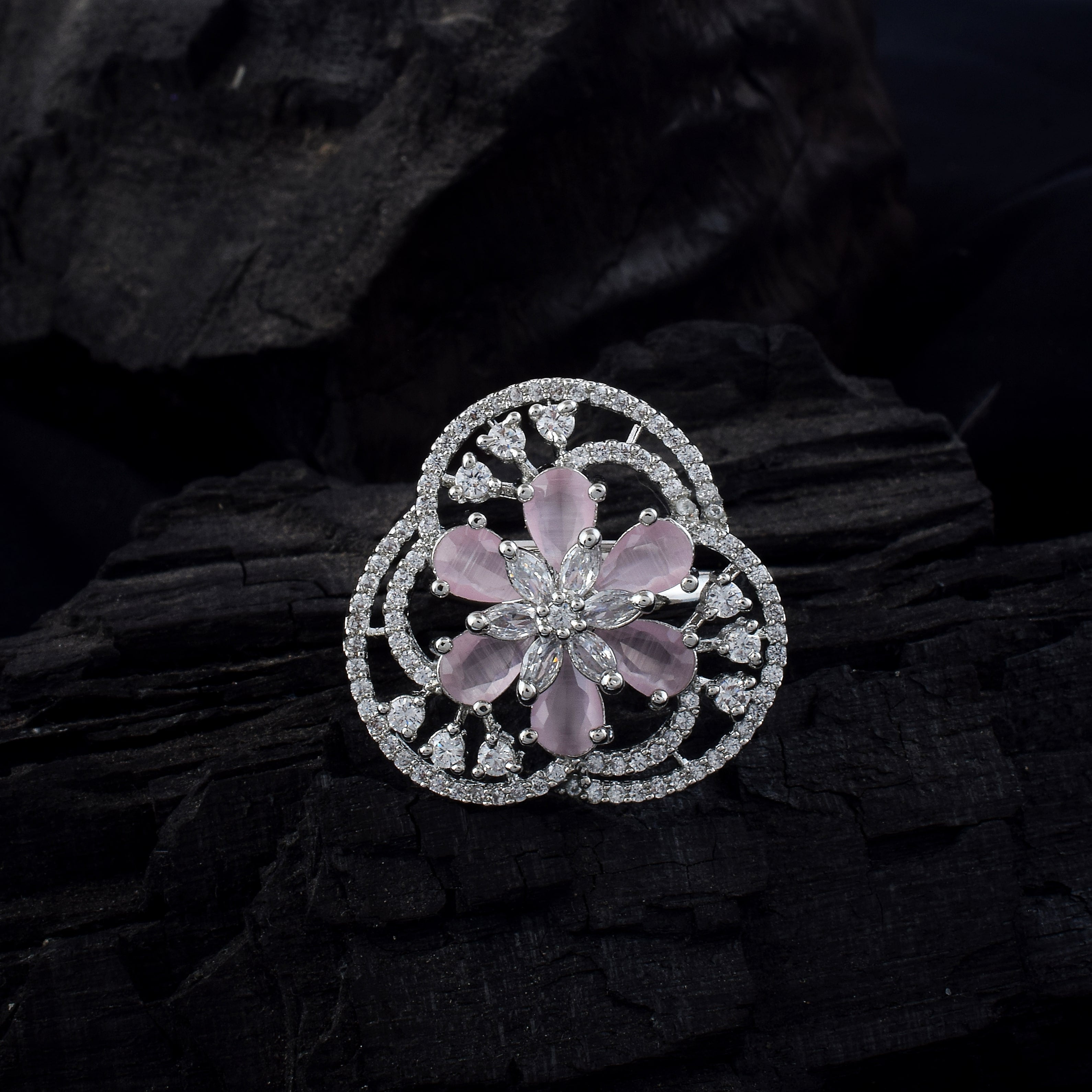 Soft Pink Color American Diamond Ring With Feminine Grace And Shine