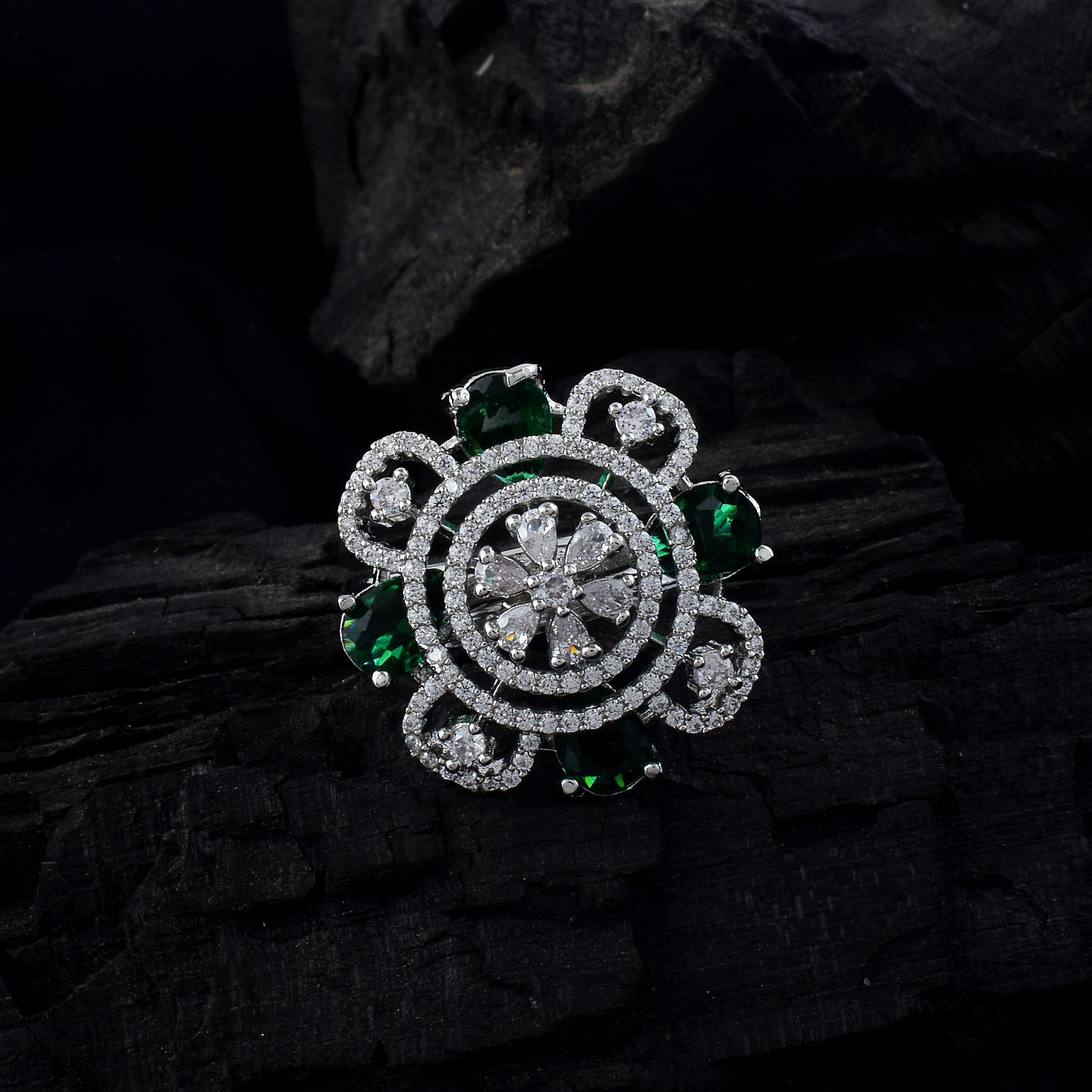 Leafy Green Color American Diamond Ring For A Fresh And Trendy Look