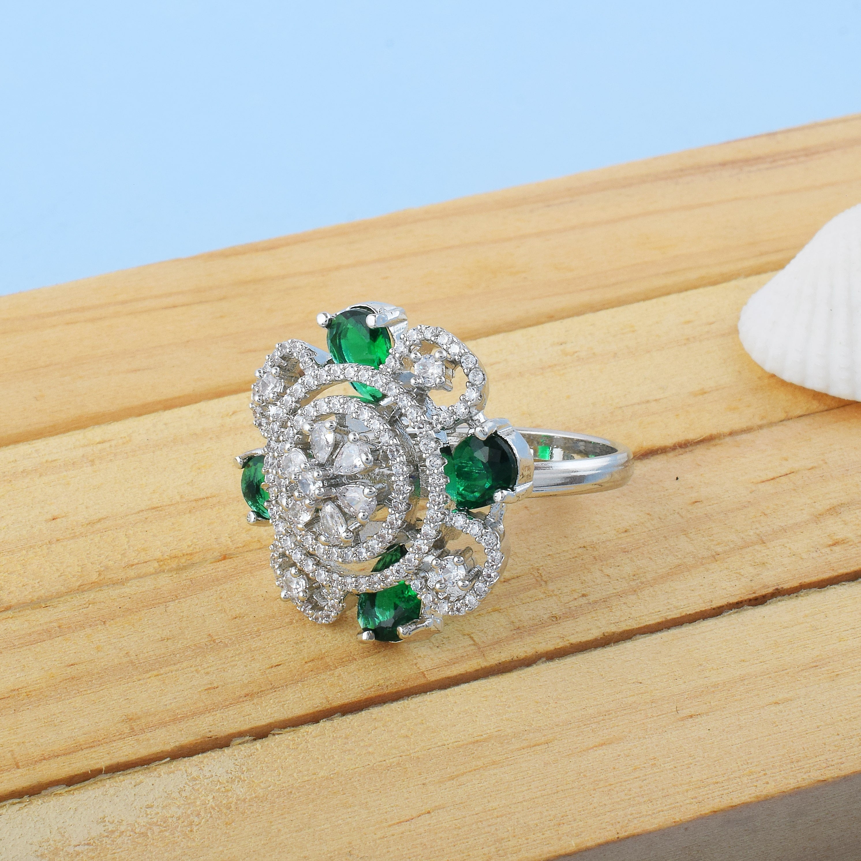 Leafy Green Color American Diamond Ring For A Fresh And Trendy Look