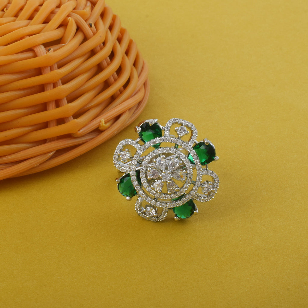 Leafy Green Color American Diamond Ring For A Fresh And Trendy Look