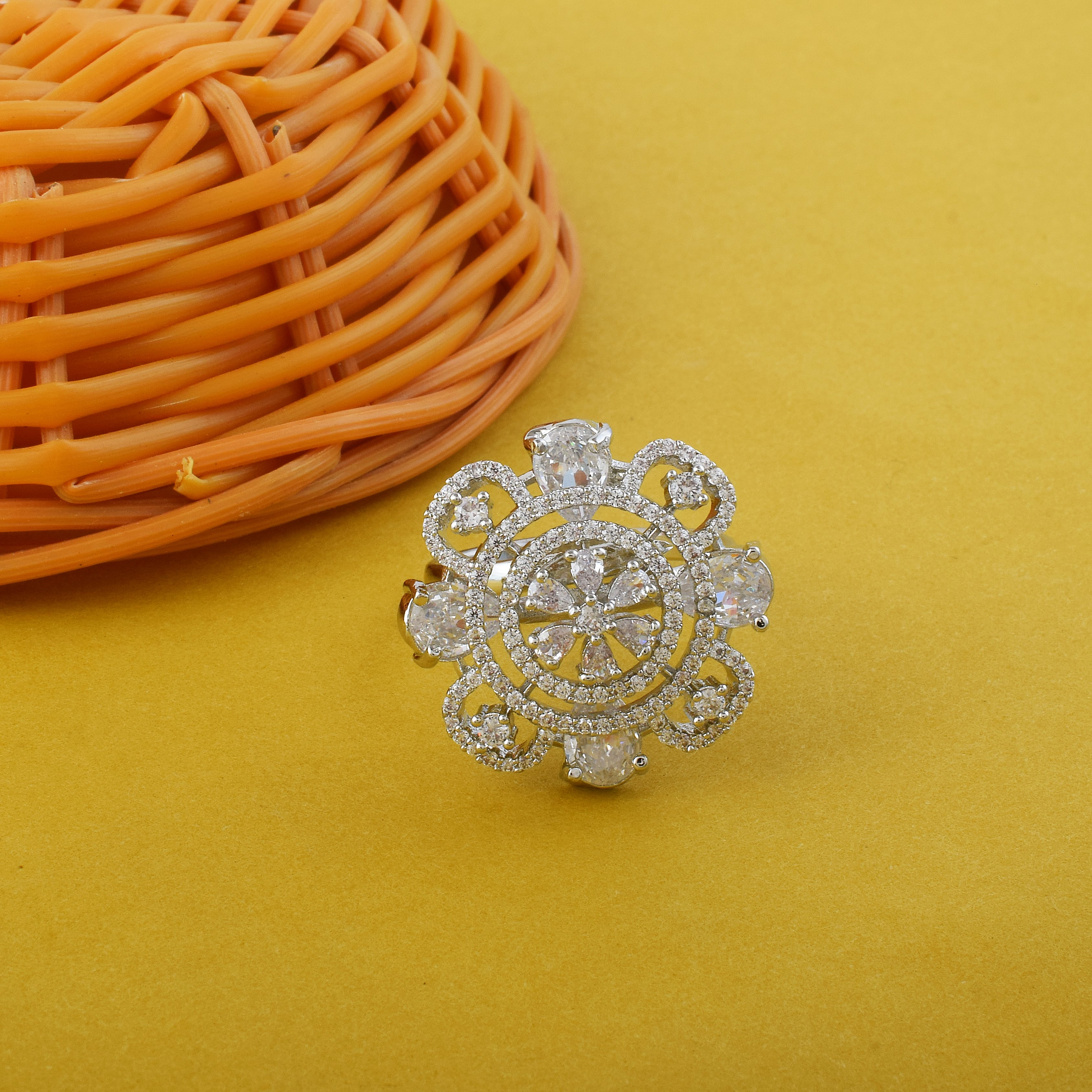 Timeless Silver Color American Diamond Ring With Fine Shine And Details