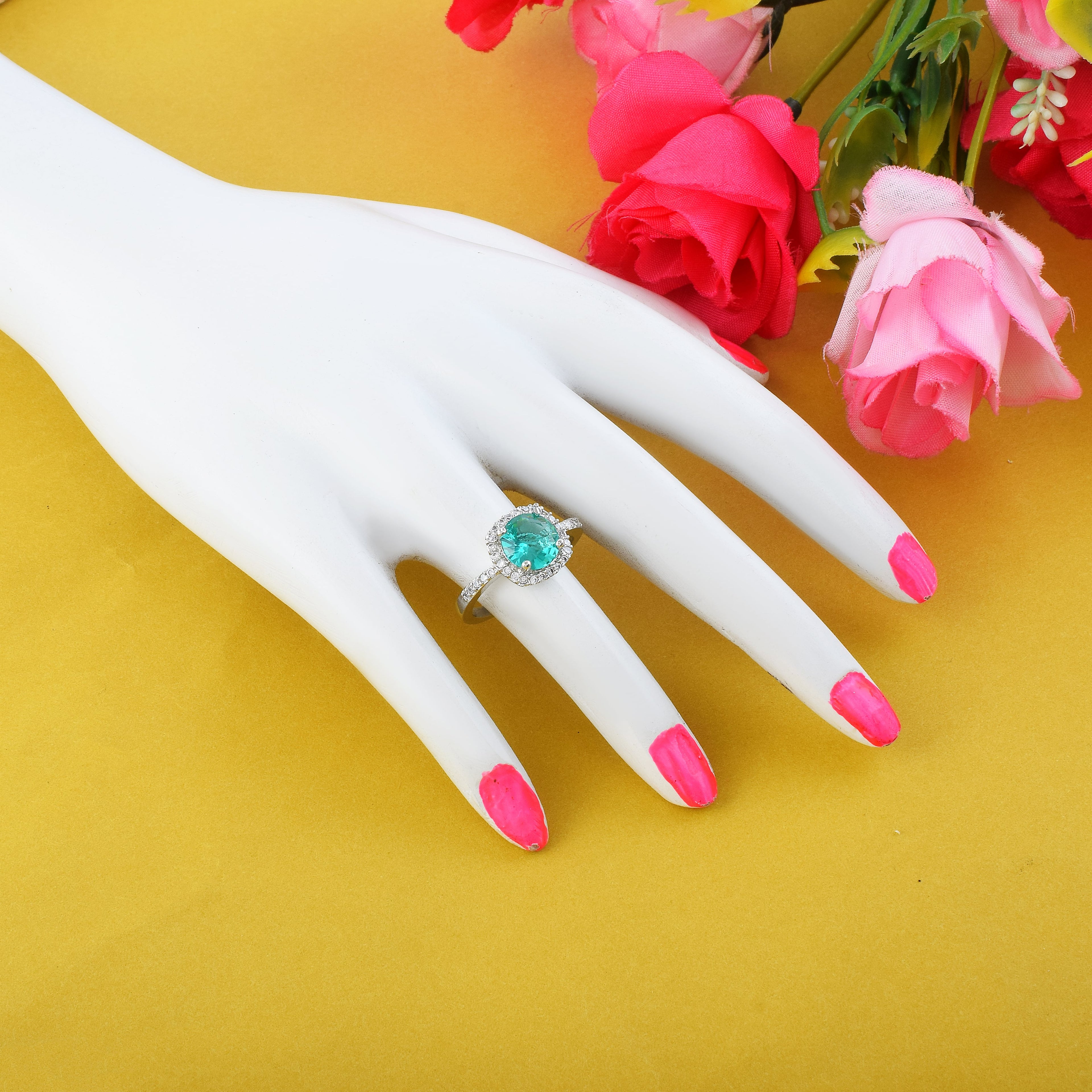 Beautiful Firozi Color American Diamond Ring For Aqua-Inspired Sparkle