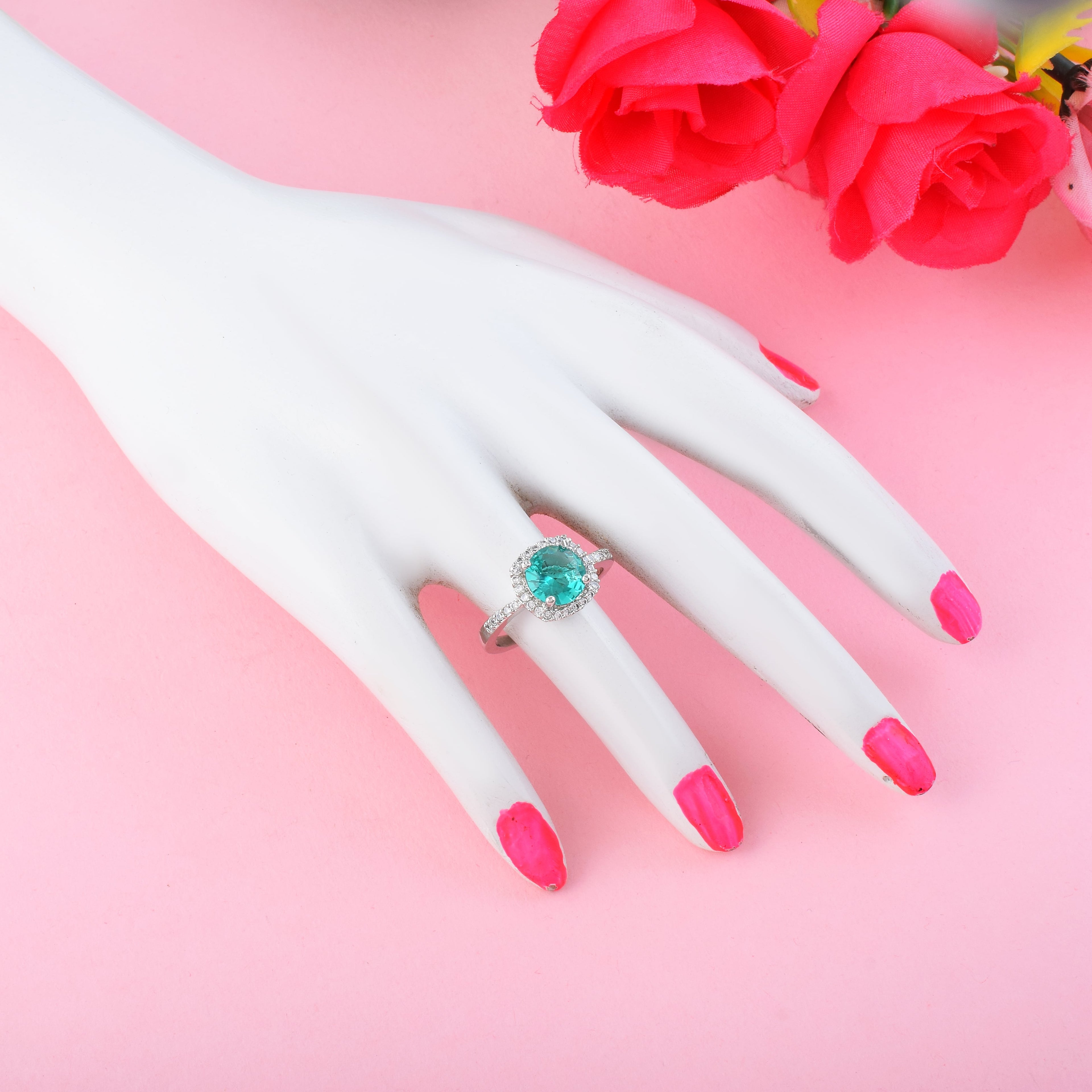 Beautiful Firozi Color American Diamond Ring For Aqua-Inspired Sparkle