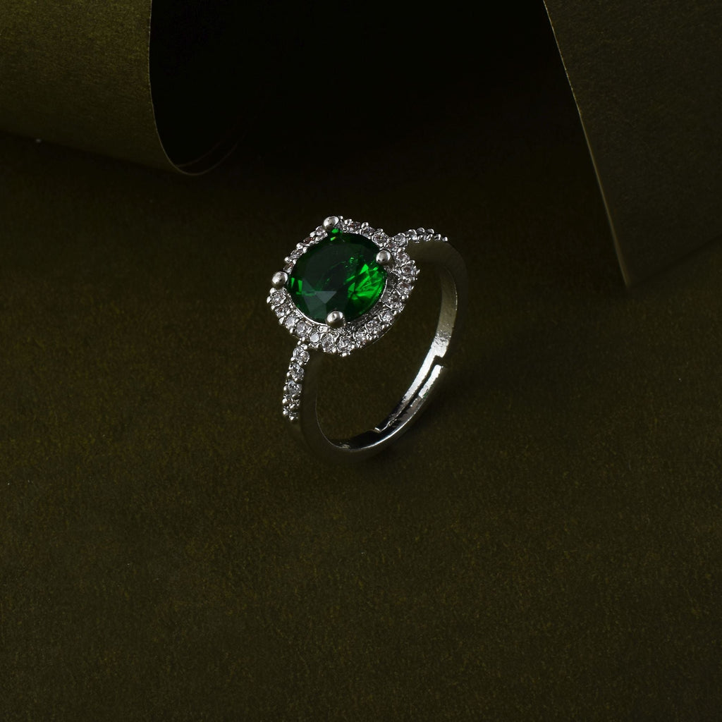 Elegant Green Color American Diamond Ring For Festive Glamour Moments