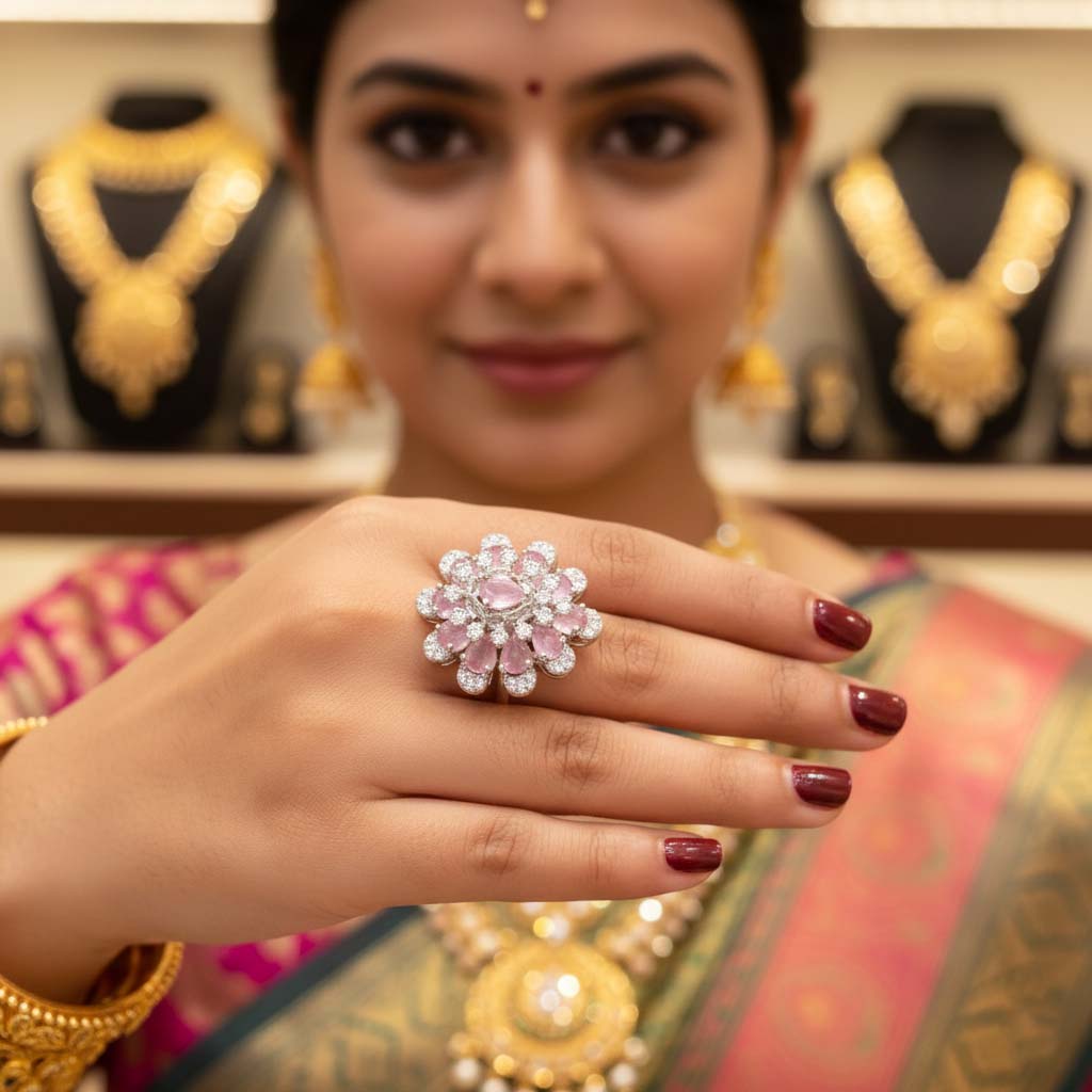 Stylish Pink Color American Diamond Ring Designed To Bring Charm To Every Special Occasion