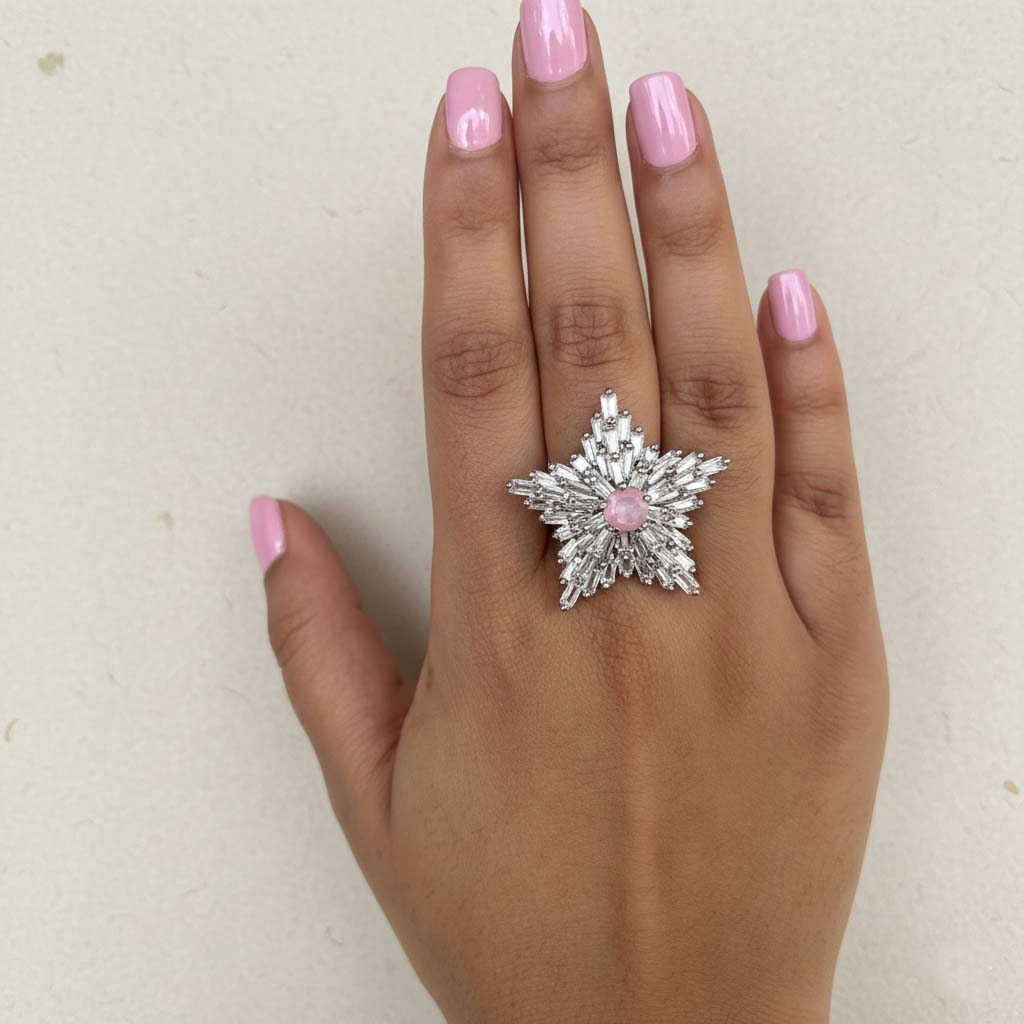 Radiant Pink Color American Diamond Ring Crafted To Elevate Feminine Beauty During Celebrations