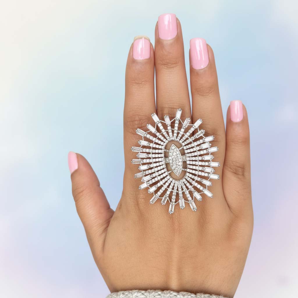 Gleaming Silver Color American Diamond Ring Offering A Sleek Modern Touch For Any Event