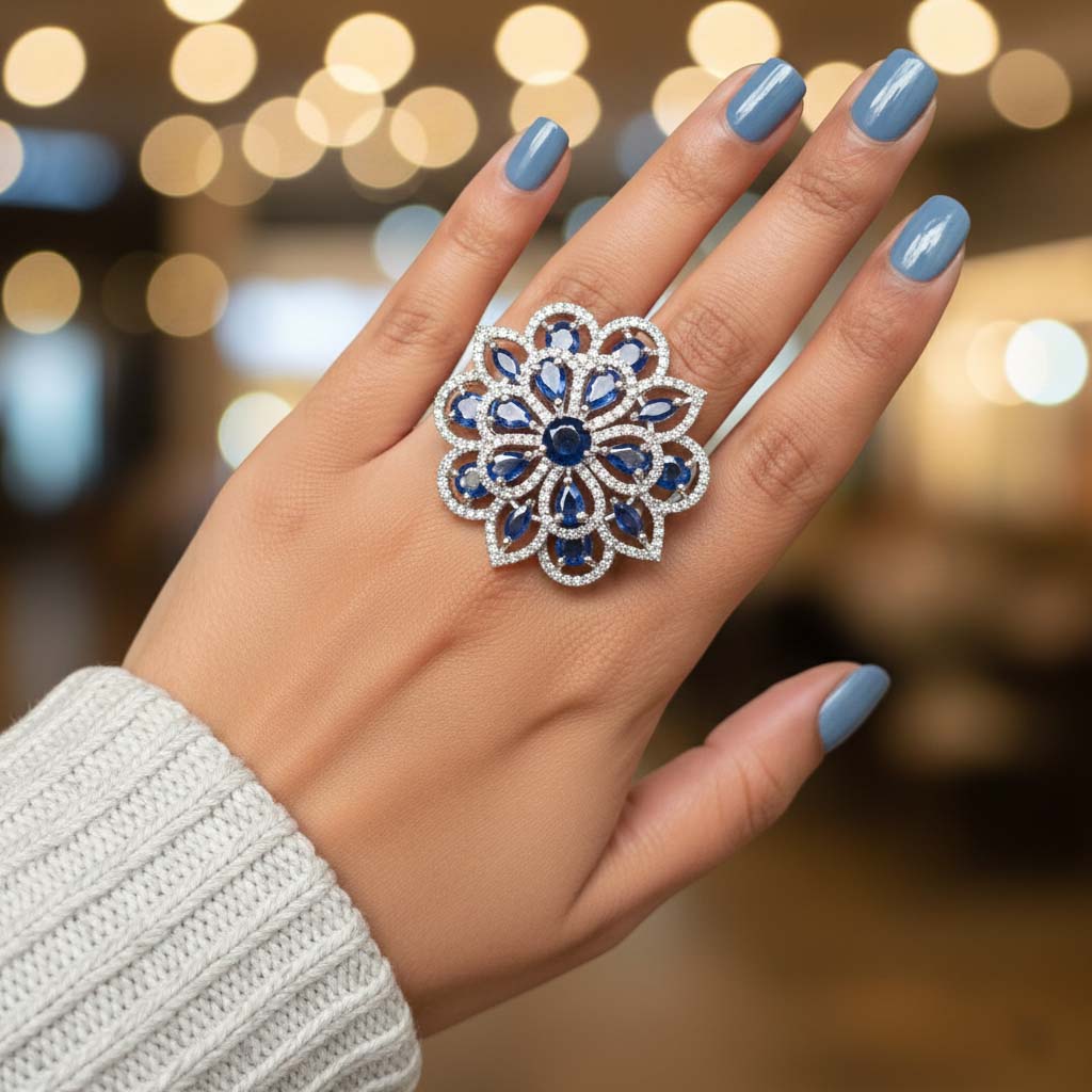 Vibrant Blue Color American Diamond Ring Made To Highlight Your Unique Festive Glamour