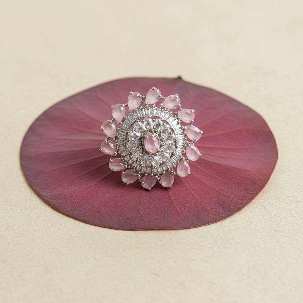 Charming Pink Color American Diamond Ring Featuring Delicate Detailing For Elegant Ethnic Fashion