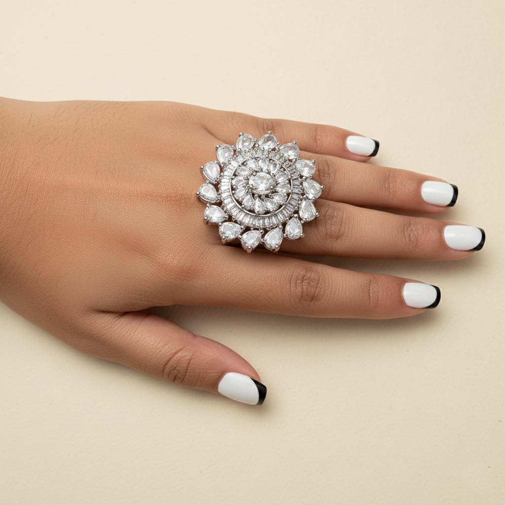 Polished Silver Color American Diamond Ring Ideal For Refined And Versatile Jewelry Styling