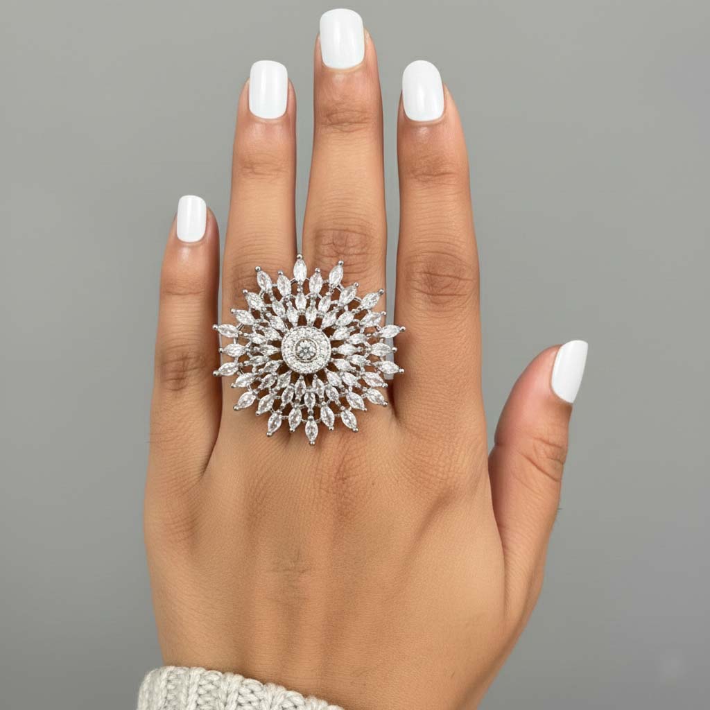 Pure White Color American Diamond Ring Crafted For Serene Elegance During Weddings And Festivities