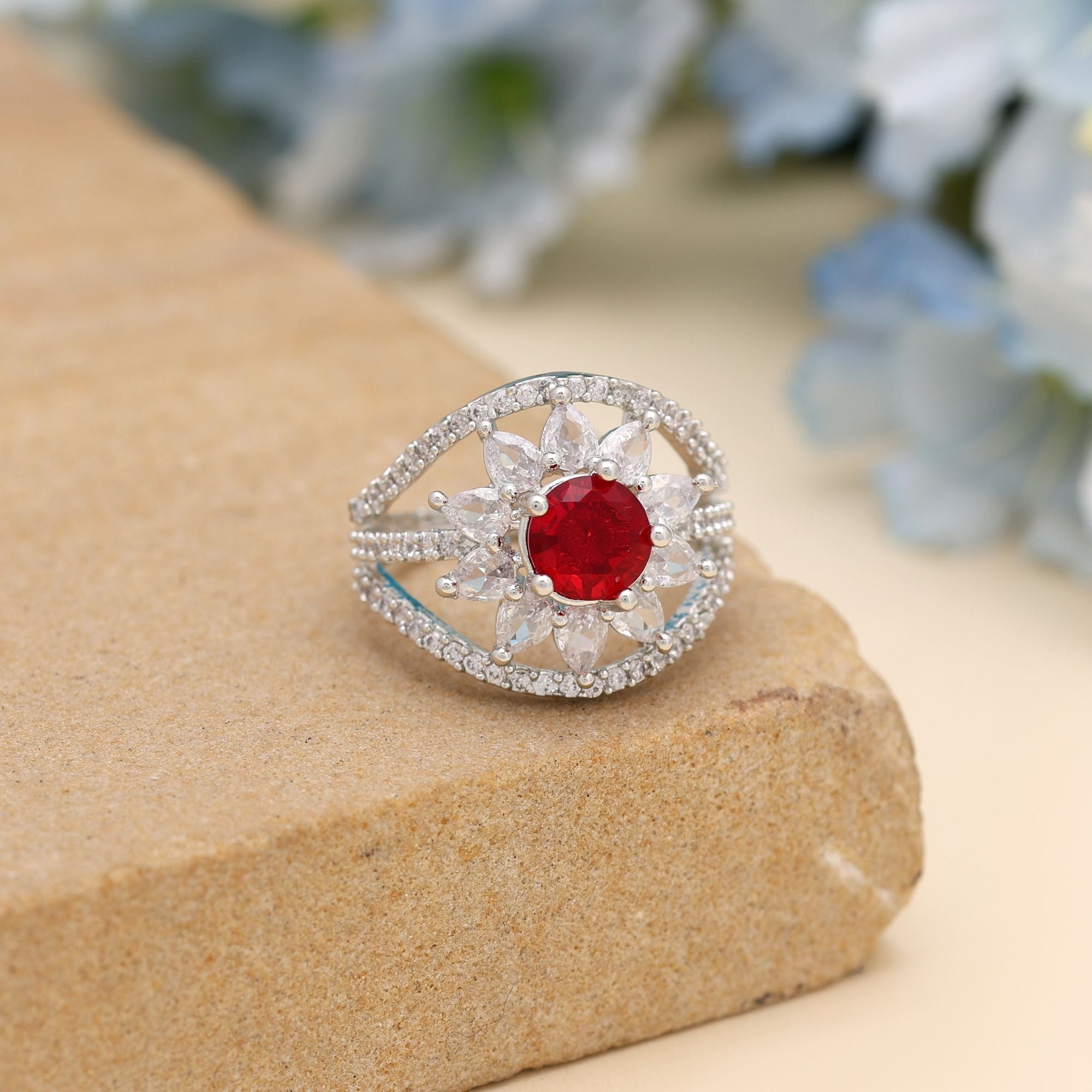 Red Color American Diamond Ring Offering Vibrant Charm For Festive And Party Fashion
