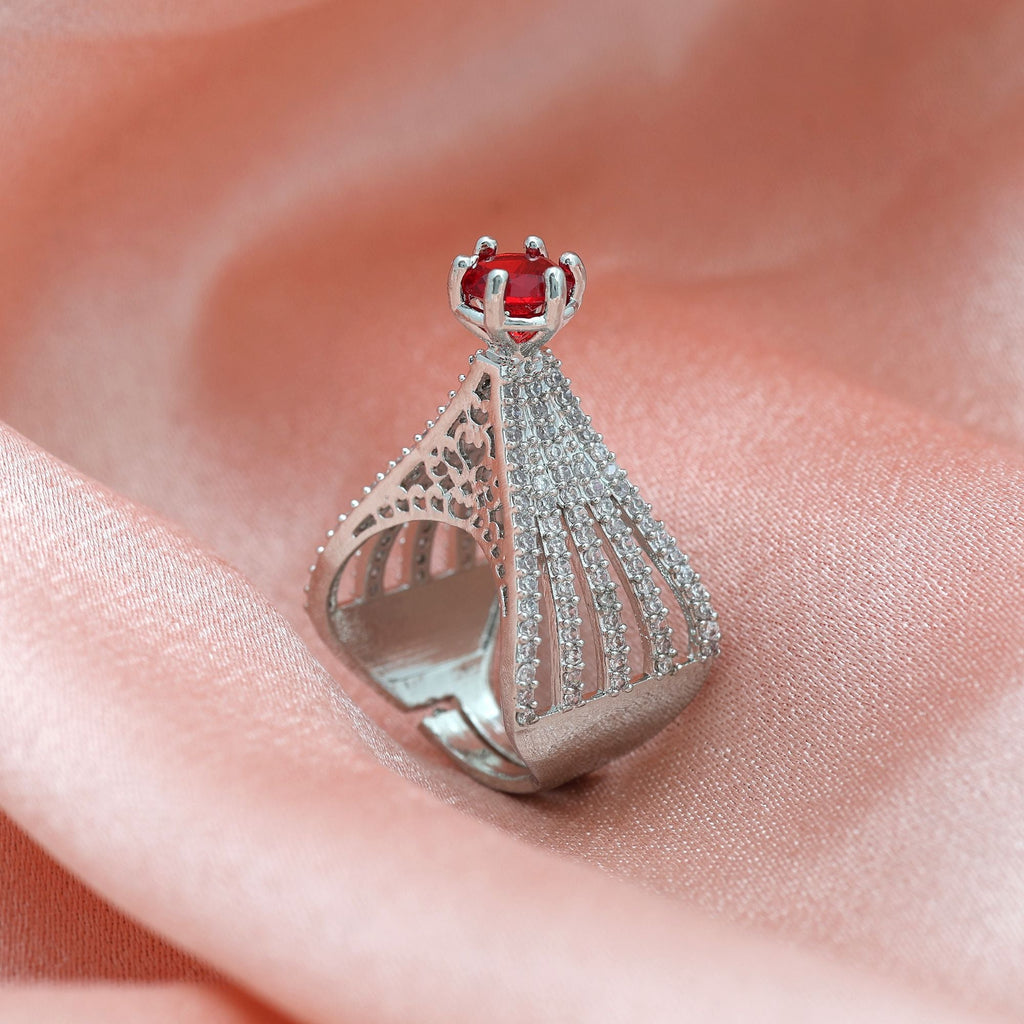 Red Color American Diamond Ring Designed For Statement Elegance During Celebrations