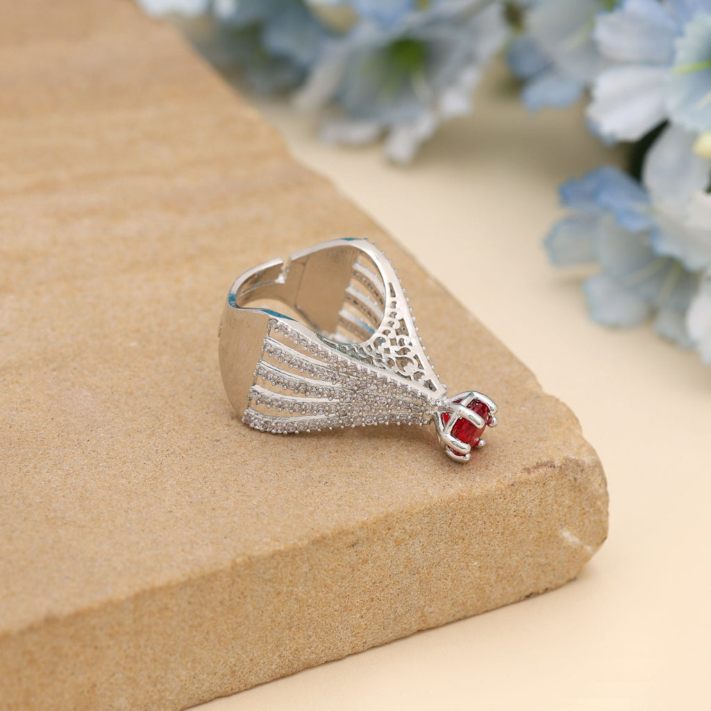 Red Color American Diamond Ring Designed For Statement Elegance During Celebrations
