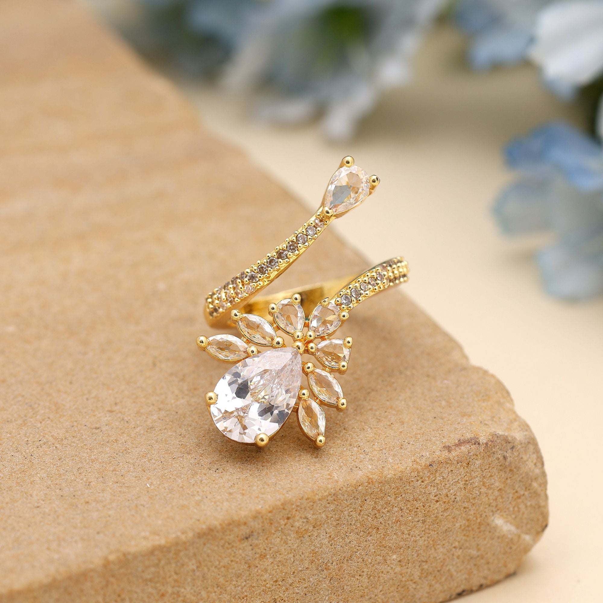 Gold Color American Diamond Ring Offering Refined Sparkle For Graceful Fashion Lovers