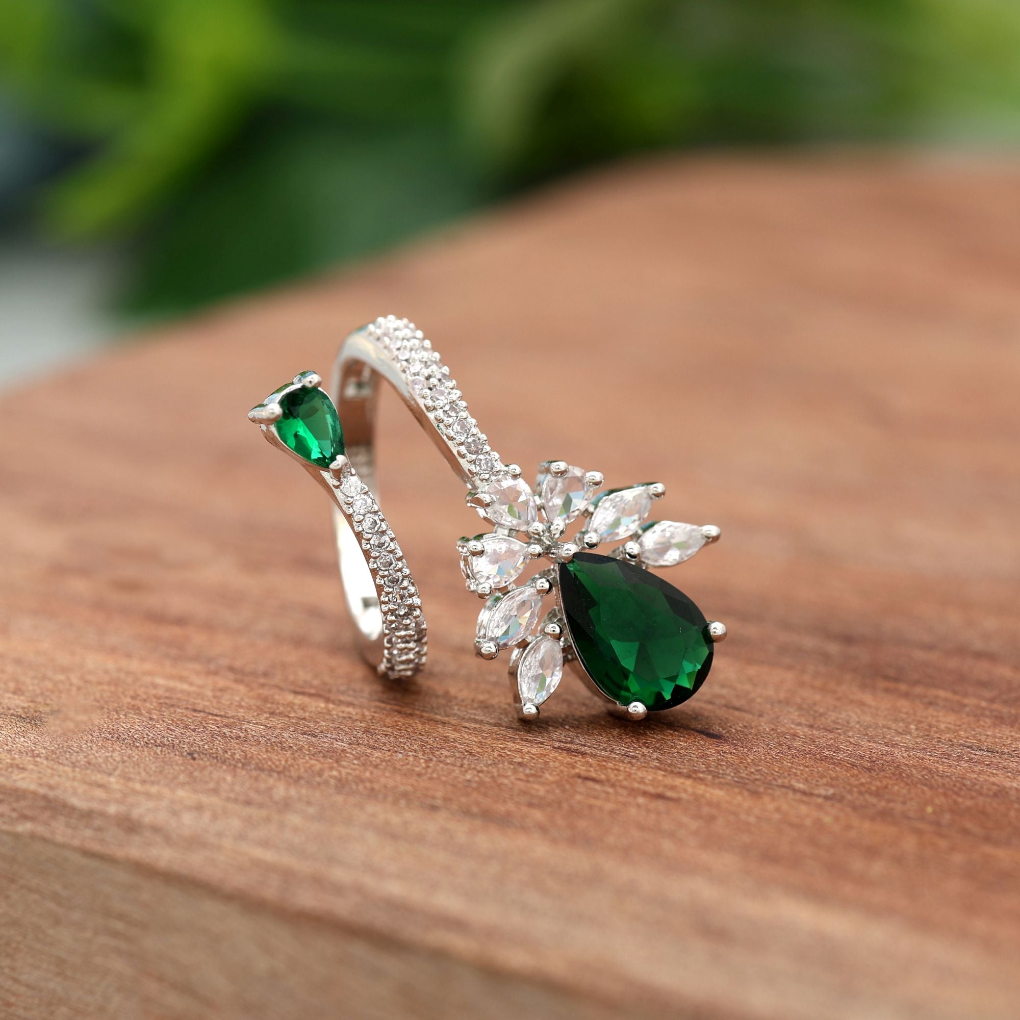 Green Color American Diamond Ring Created For Refreshing Elegance In Ethnic Wear