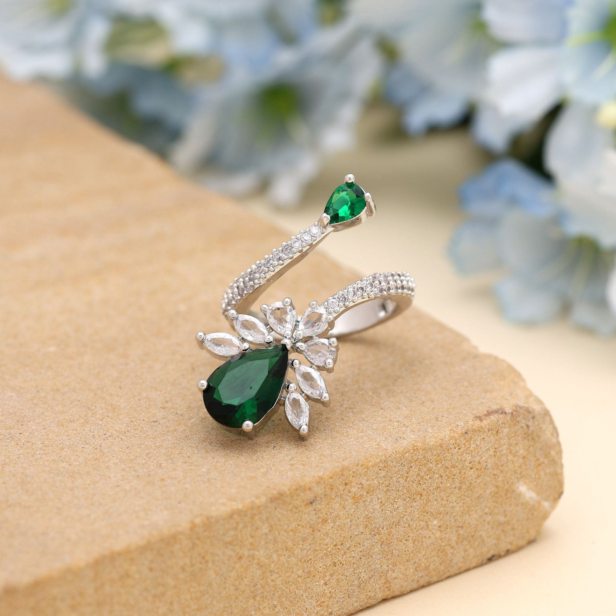 Green Color American Diamond Ring Created For Refreshing Elegance In Ethnic Wear