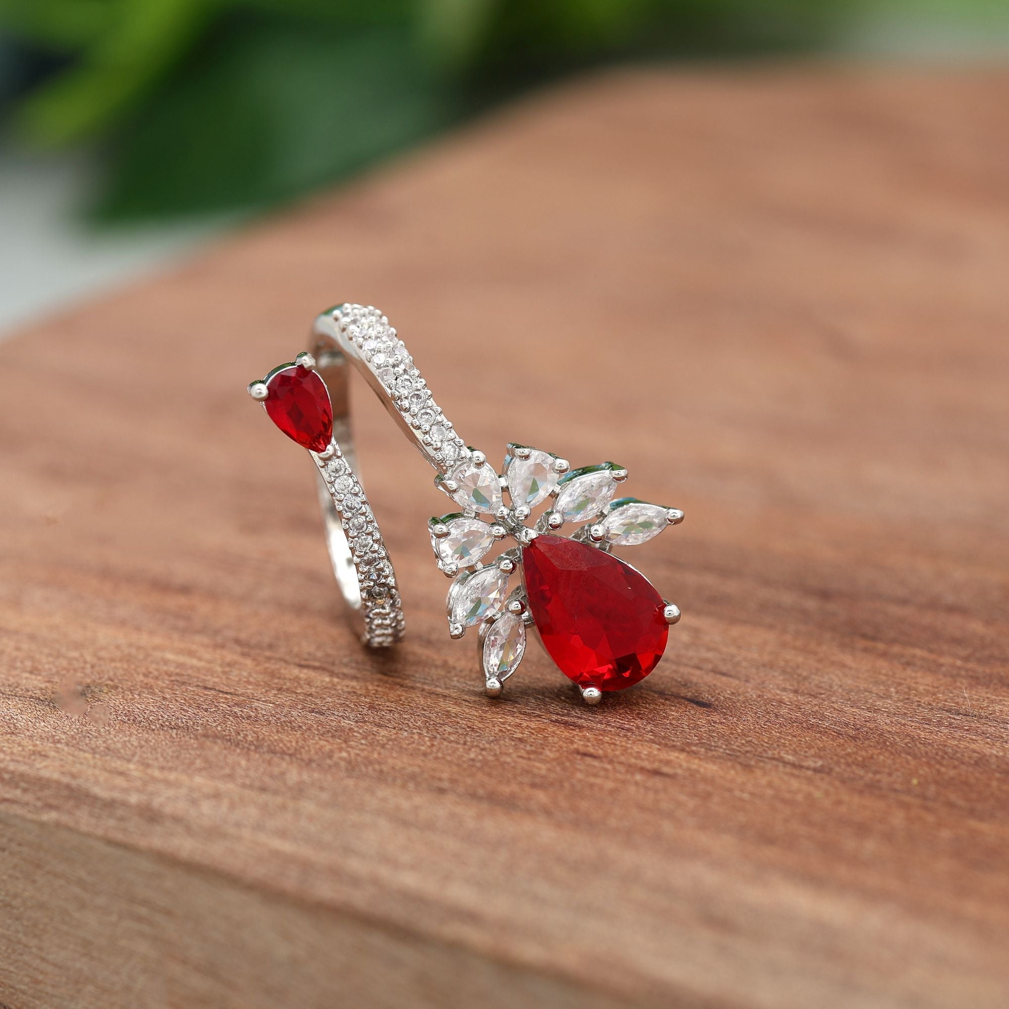 Red Color American Diamond Ring Offering Radiant Charm For Festive Celebrations
