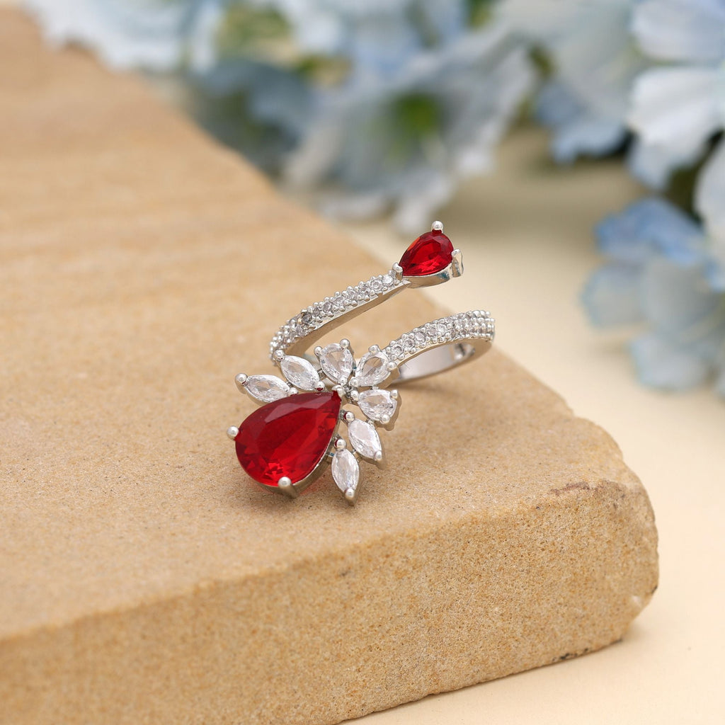 Red Color American Diamond Ring Offering Radiant Charm For Festive Celebrations