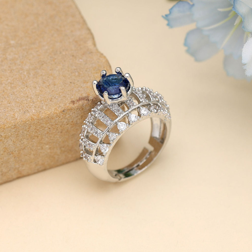 Blue Color American Diamond Ring Crafted For Striking Elegance In Party Wear