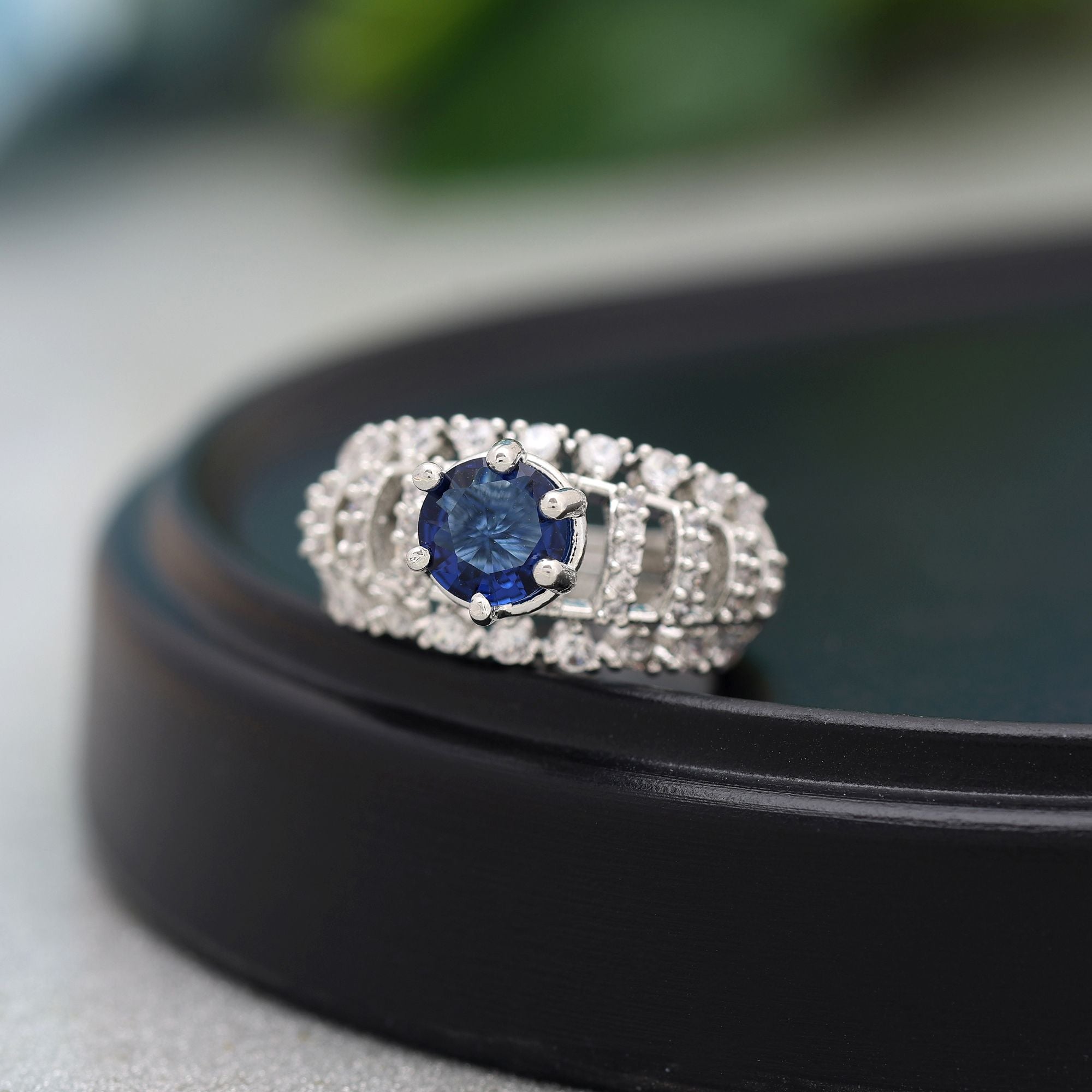 Blue Color American Diamond Ring Crafted For Striking Elegance In Party Wear