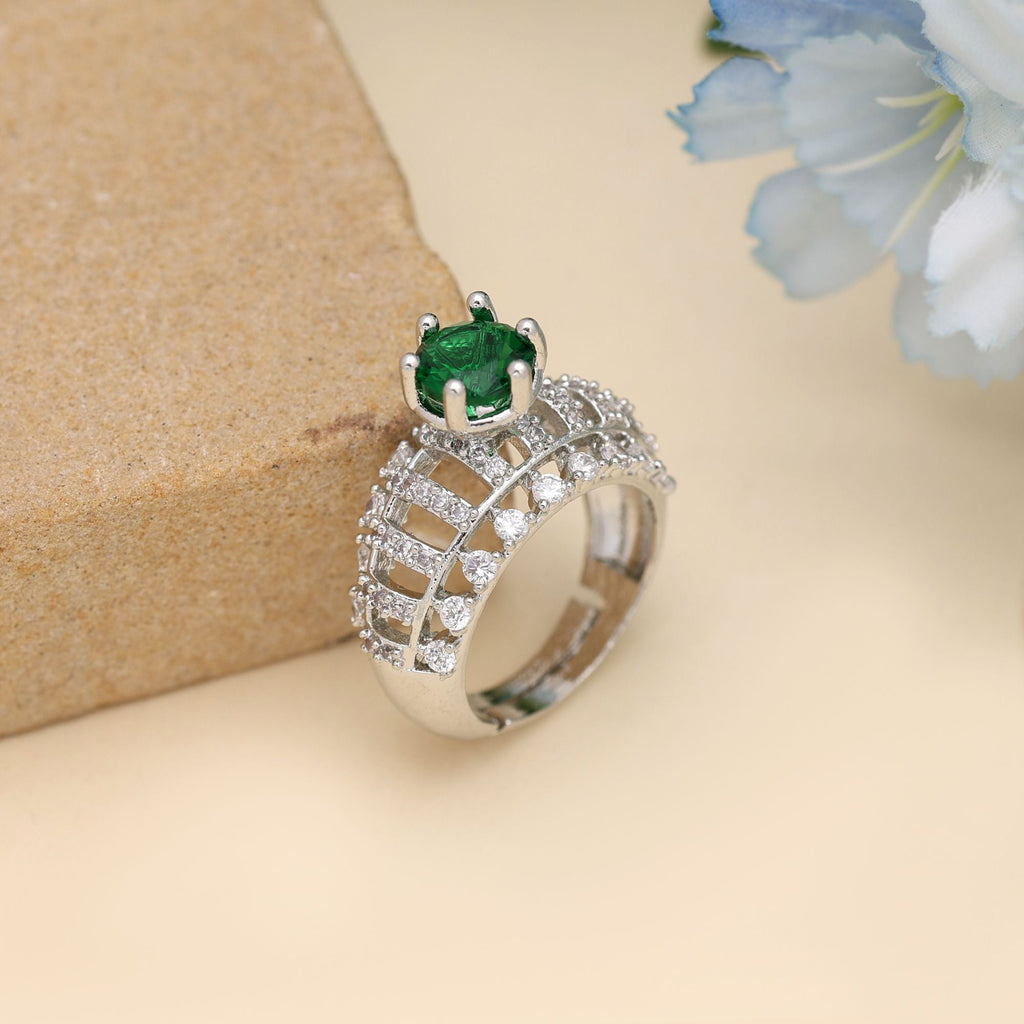 Green Color American Diamond Ring Showcasing Refreshing Tones With Dazzling Stonework
