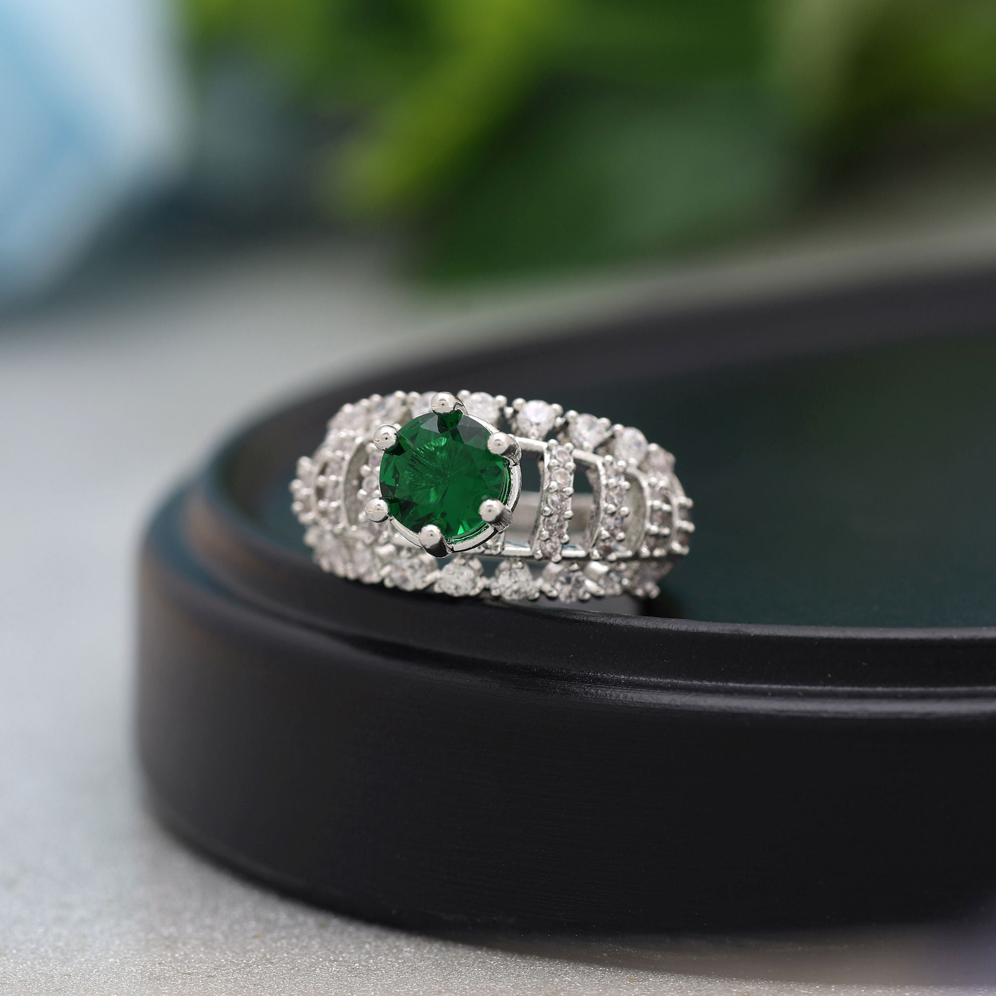 Green Color American Diamond Ring Showcasing Refreshing Tones With Dazzling Stonework