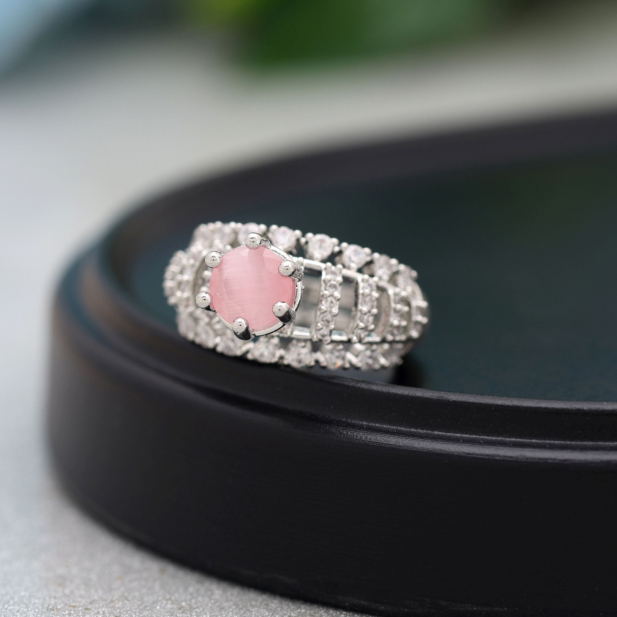 Pink Color American Diamond Ring Created For Soft Feminine Sparkle And Charm
