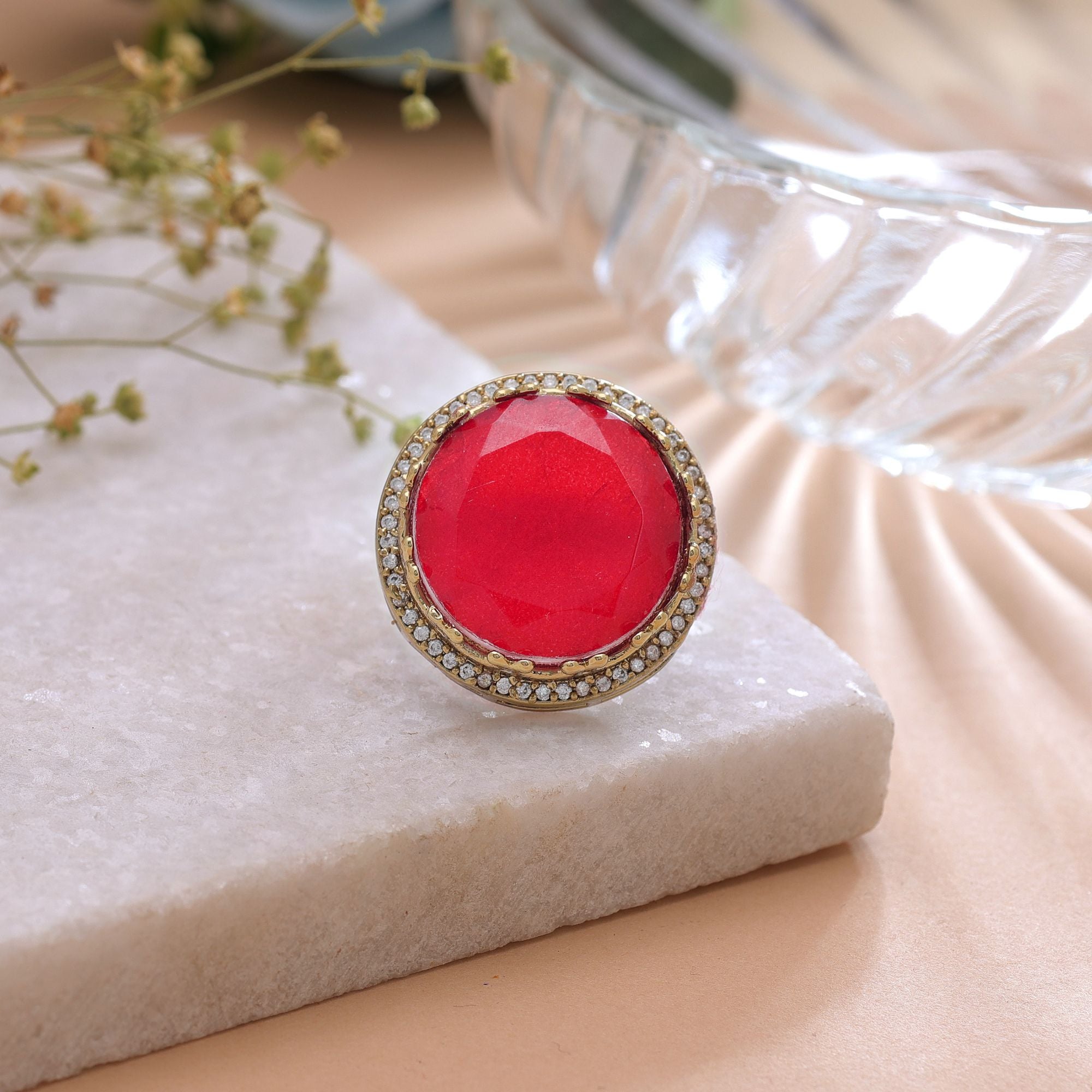 Red Color American Diamond Ring Crystal Party Wear