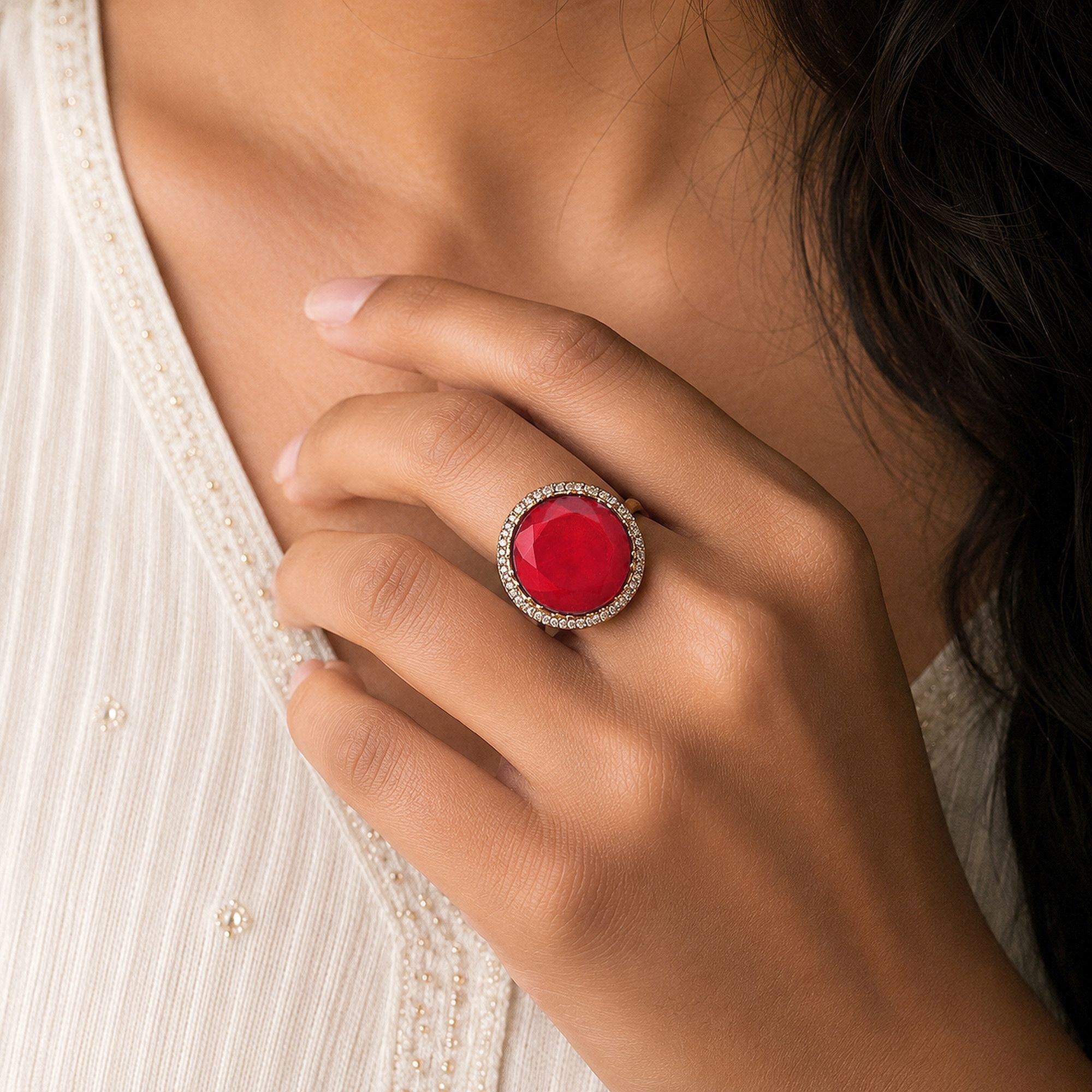 Red Color American Diamond Ring Crystal Party Wear