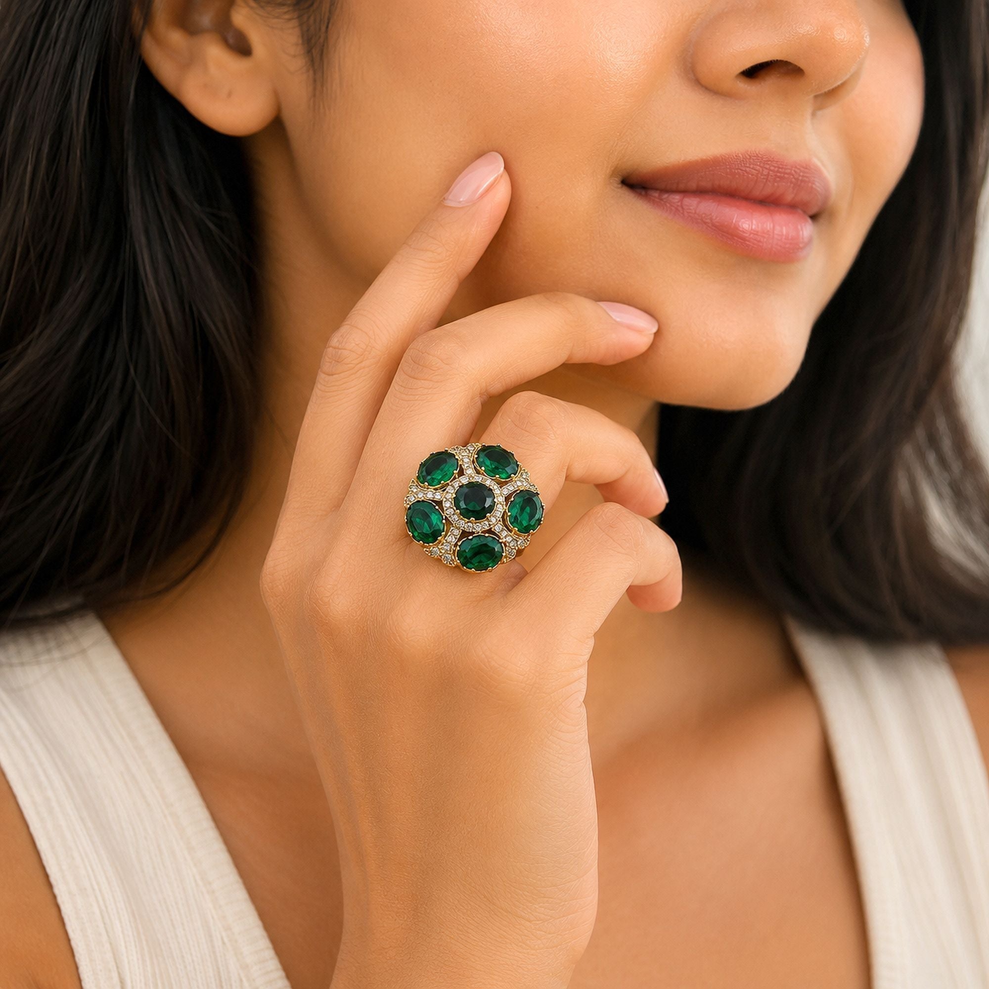 Green Color American Diamond Ring Sparkling Jewelry Finish