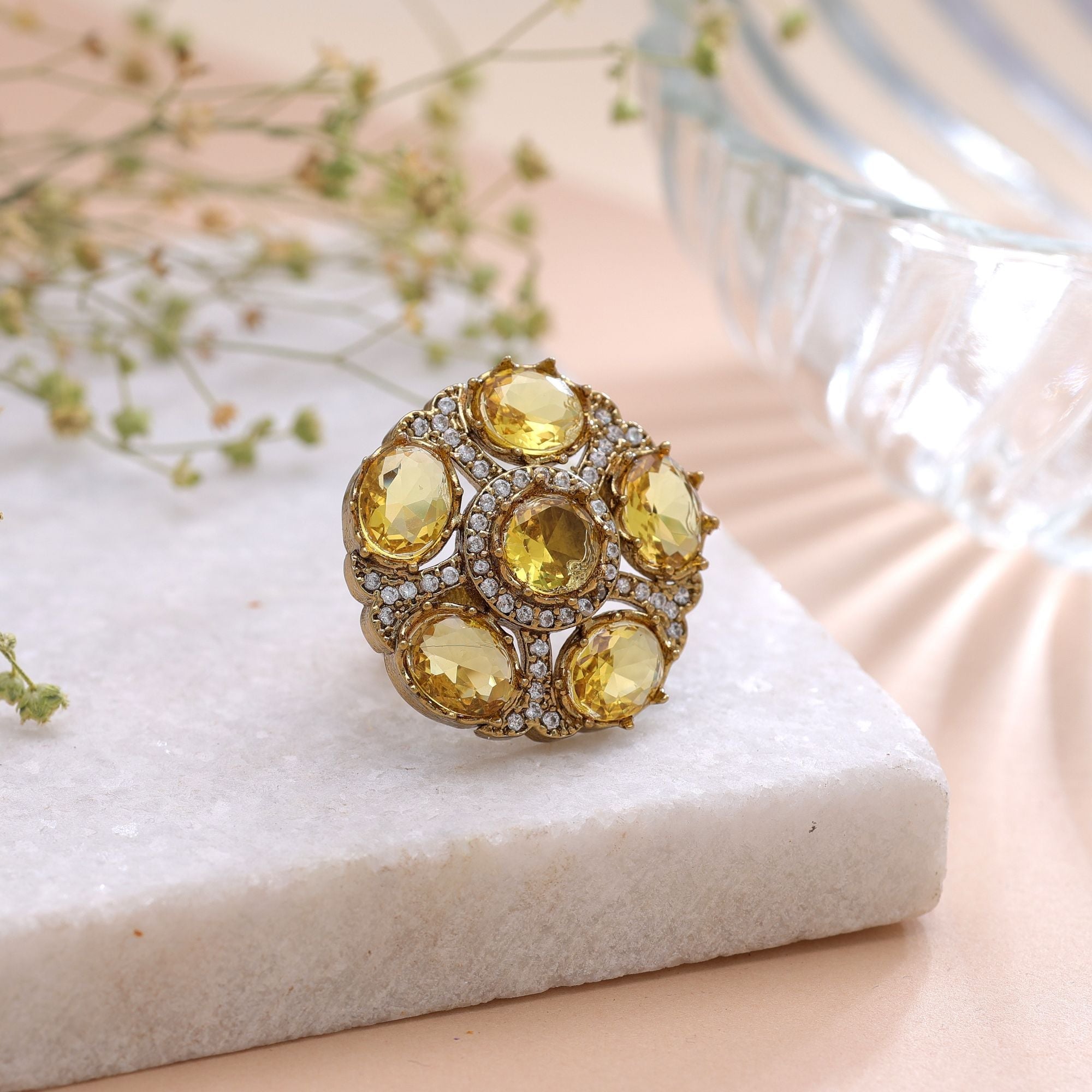 Yellow Color American Diamond Ring Crystal Fashion Style
