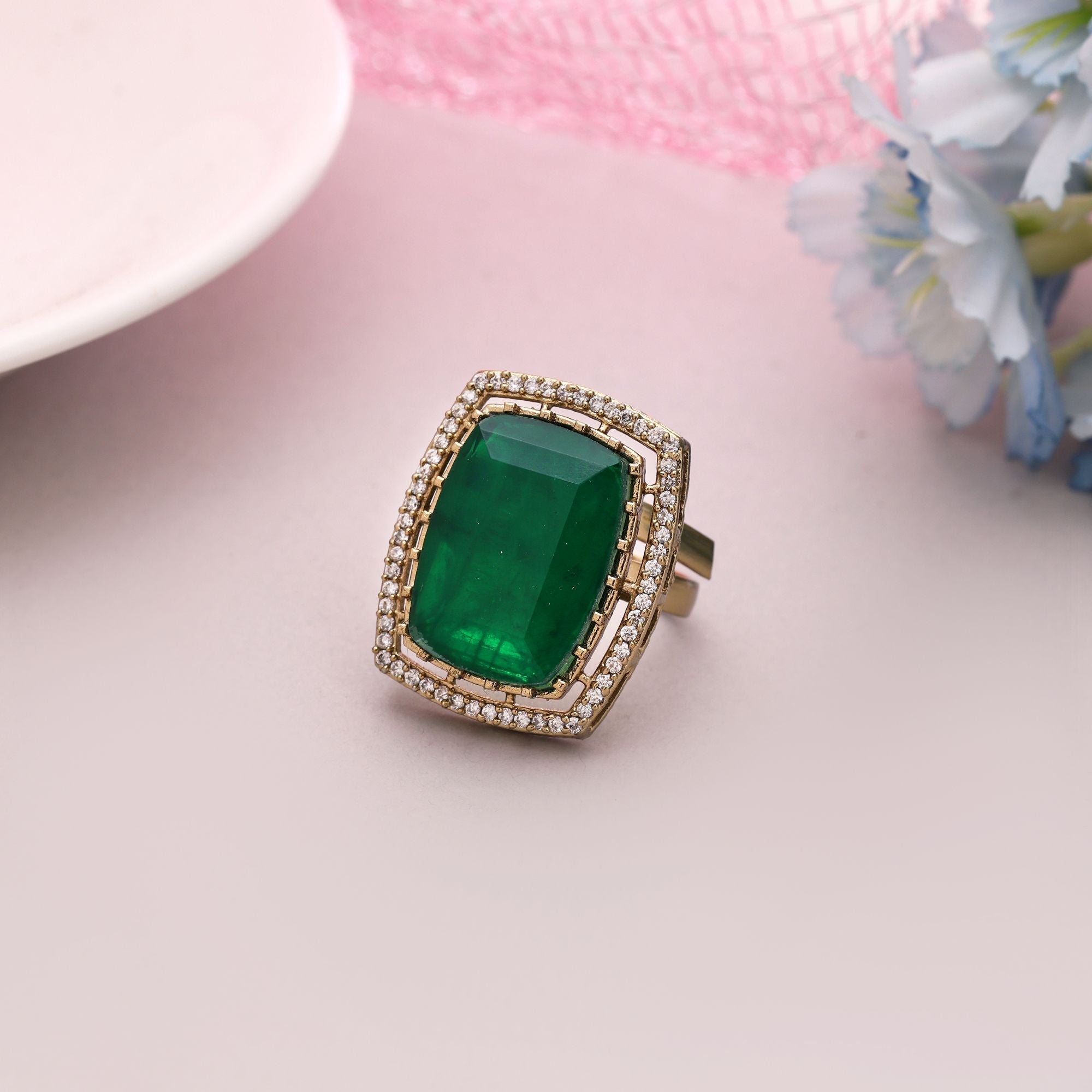 Green Color American Diamond Ring Styled For Elegant Ethnic And Party Looks