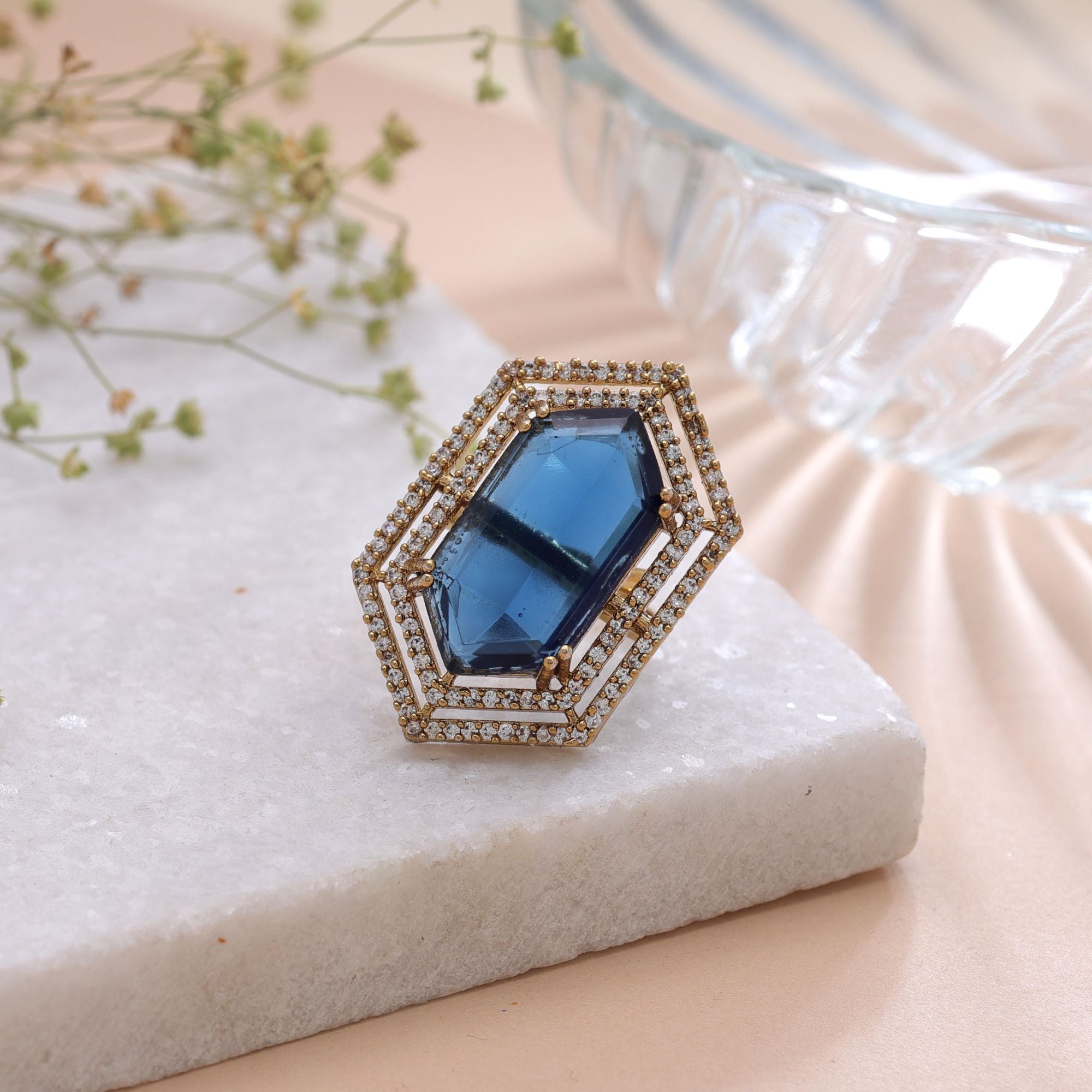 Blue Color American Diamond Ring Sparkling Crystal Finish