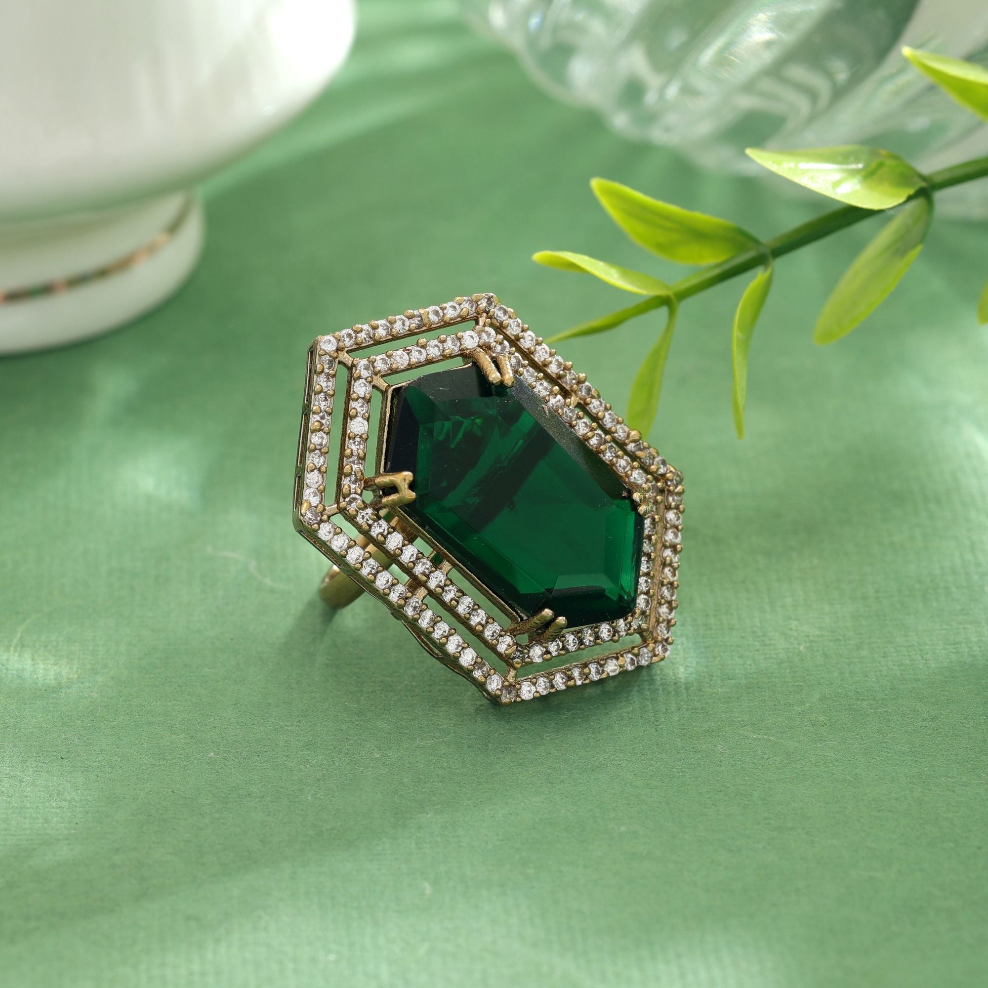 Green Color American Diamond Ring Daily Wear