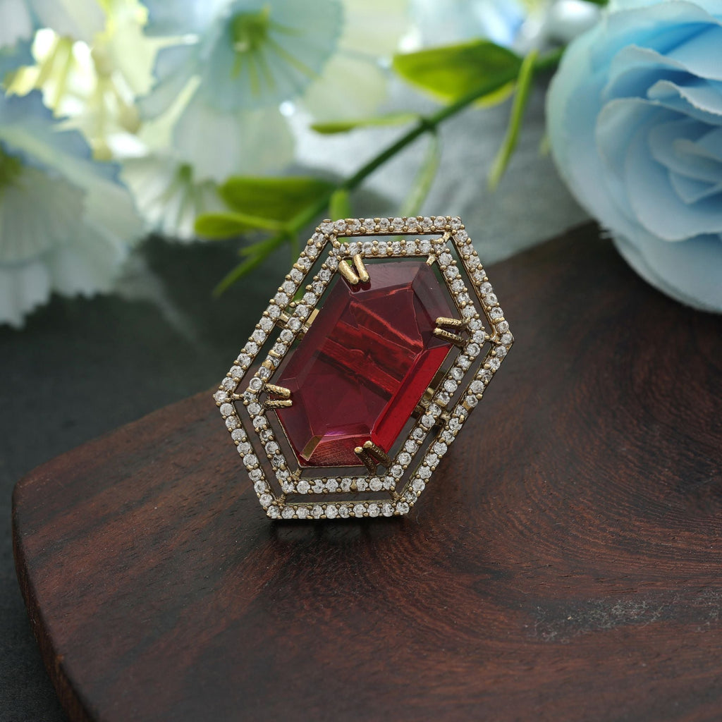 Red Color American Diamond Ring Party Wear
