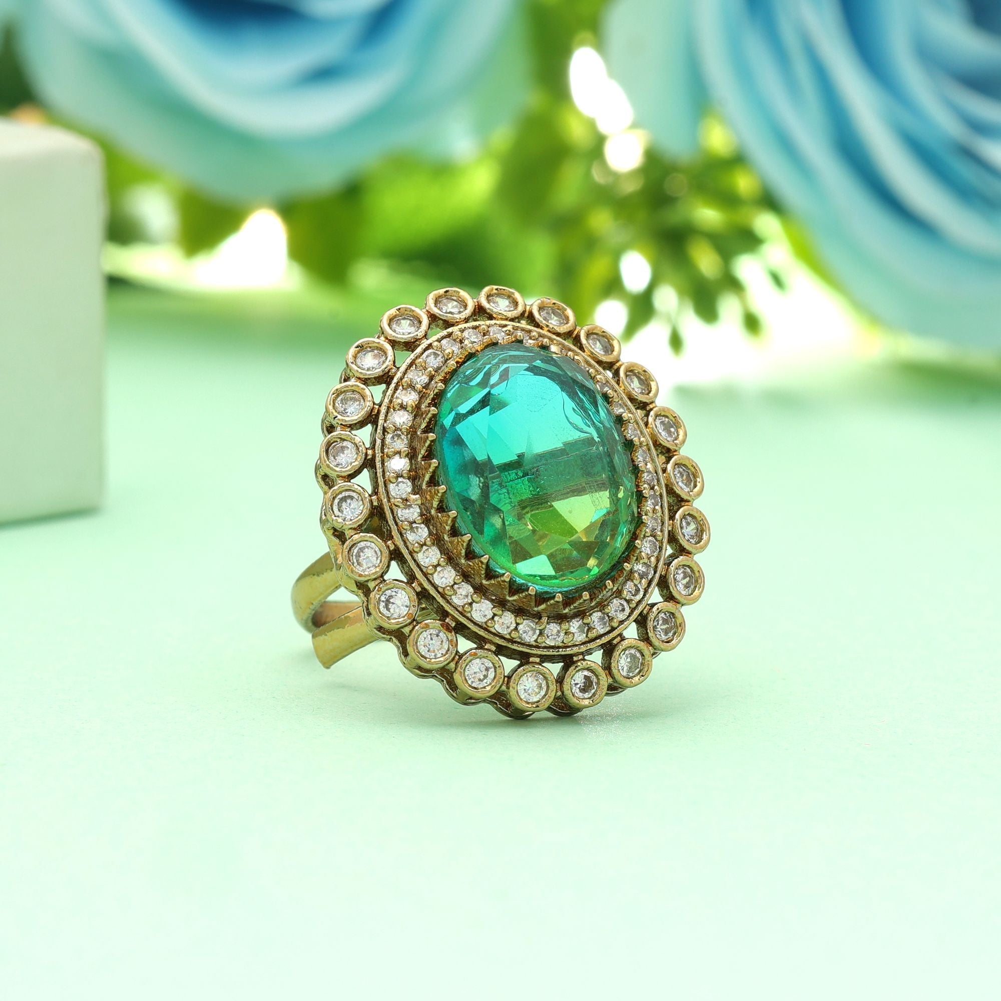 Green Color American Diamond Ring Stylish Trendy Ethnic Jewelry Collection Design