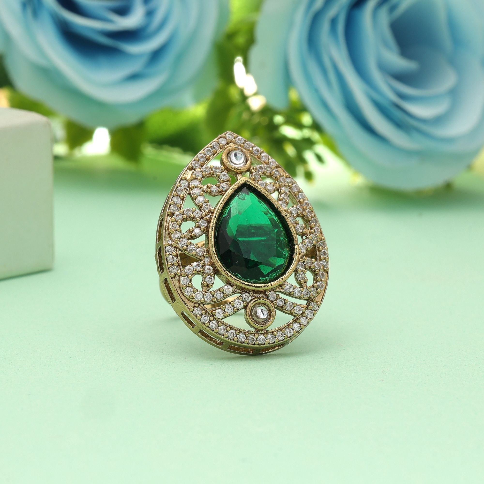 Green Color American Diamond Ring Classic Traditional Daily Wear Jewelry Design