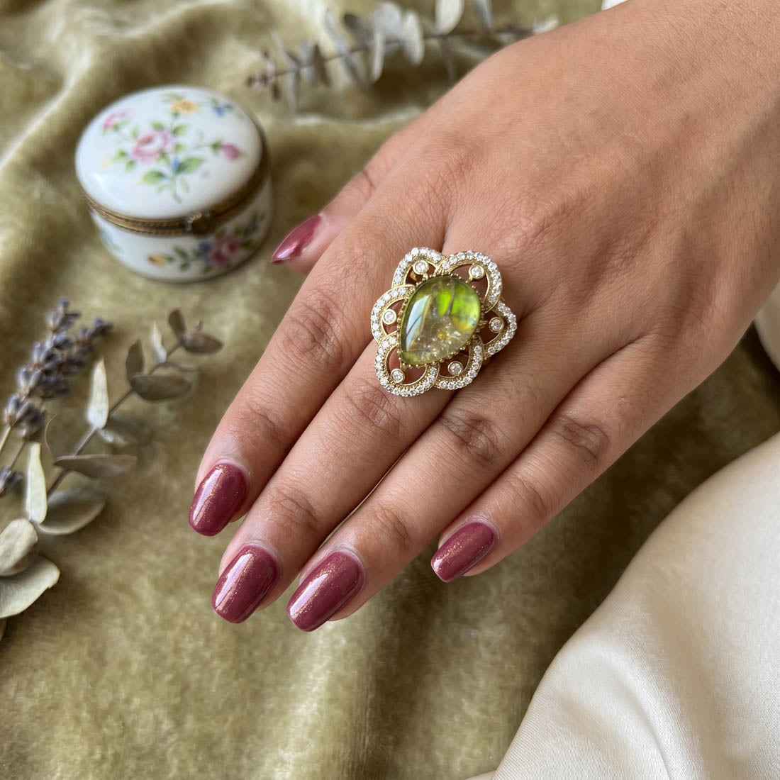 Pista Green Color American Diamond Ring Elegant Fresh Designer Jewelry Collection