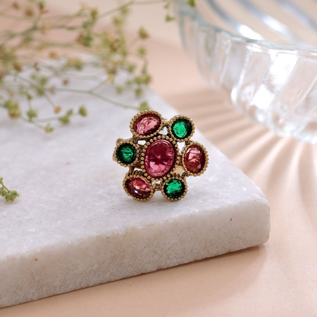 Pink & Green Color American Diamond Ring Crystal Designer Style
