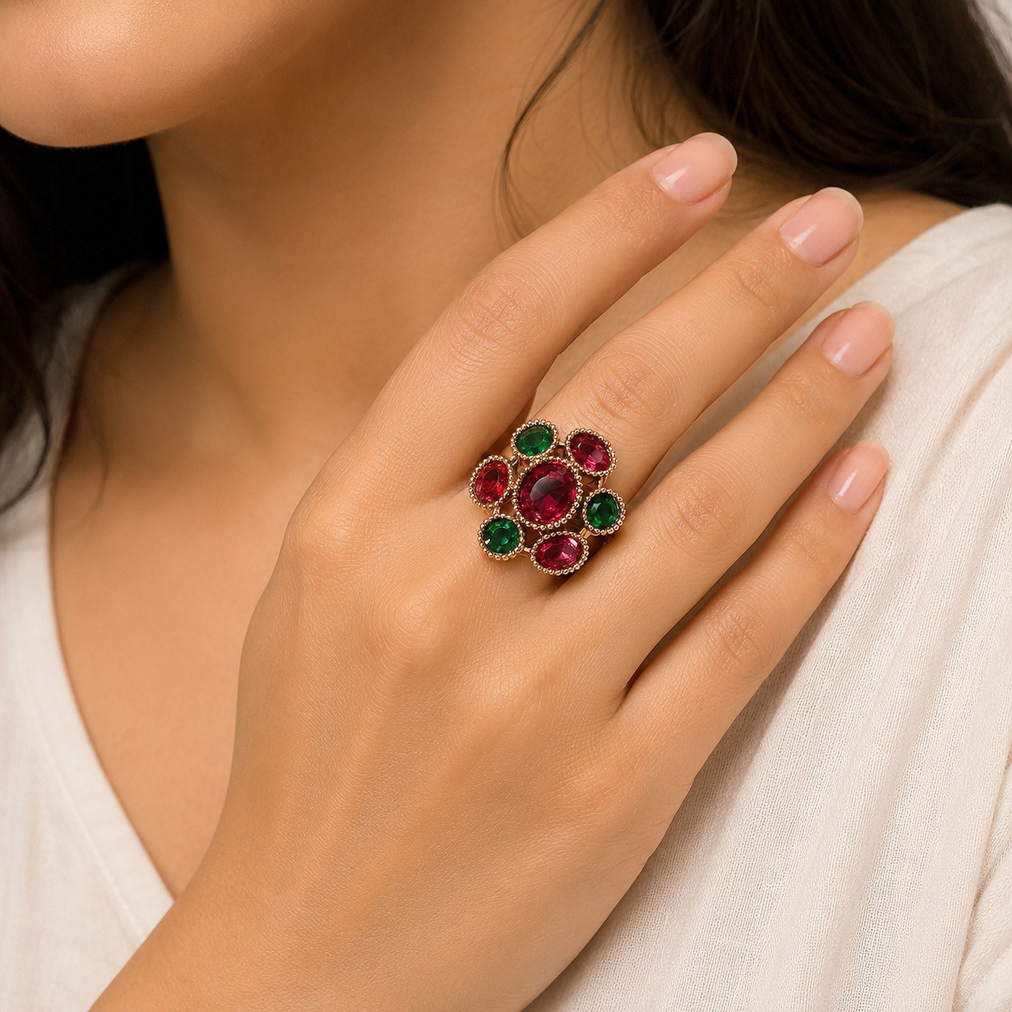 Pink & Green Color American Diamond Ring Crystal Designer Style