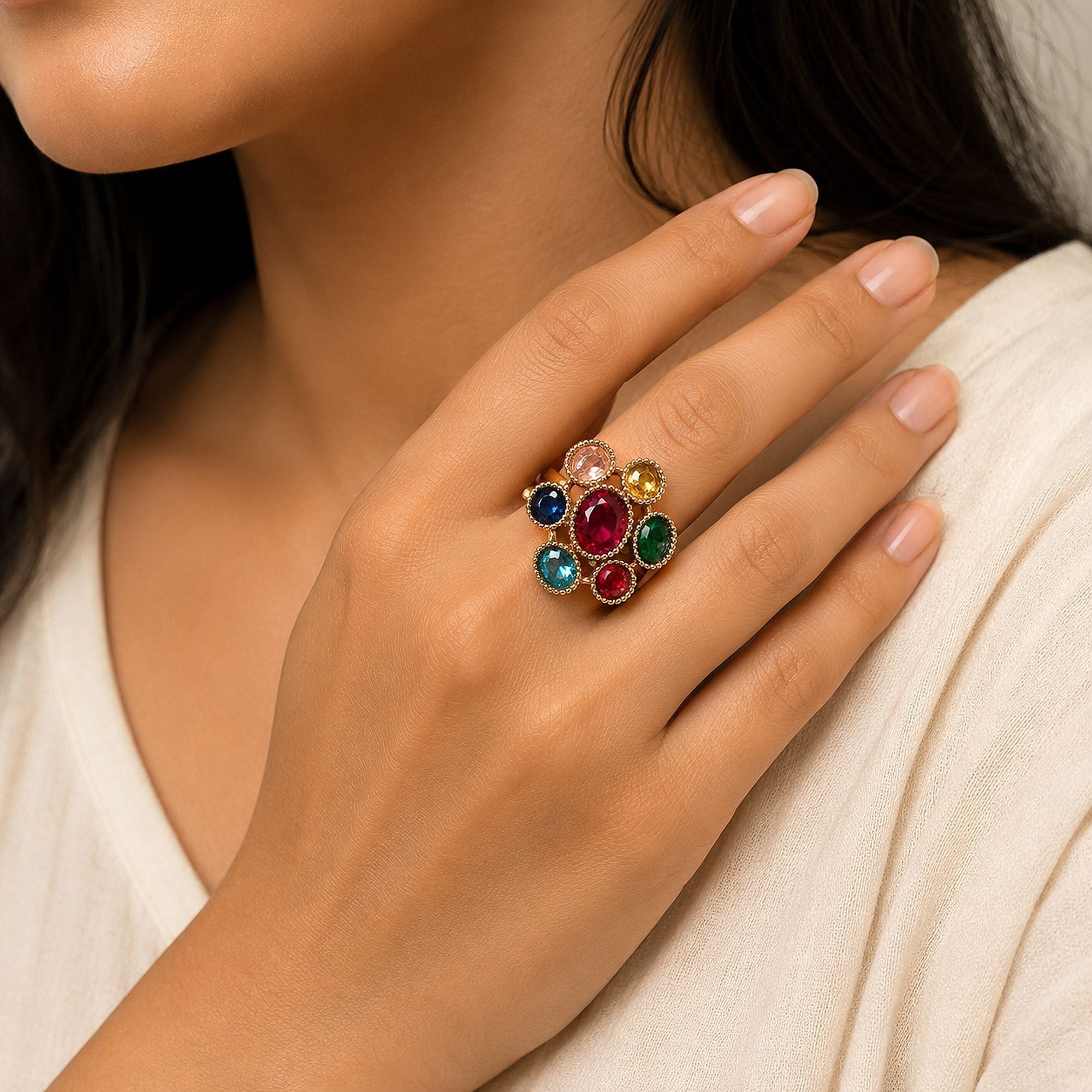 Red Color American Diamond Ring Sparkling Party Wear
