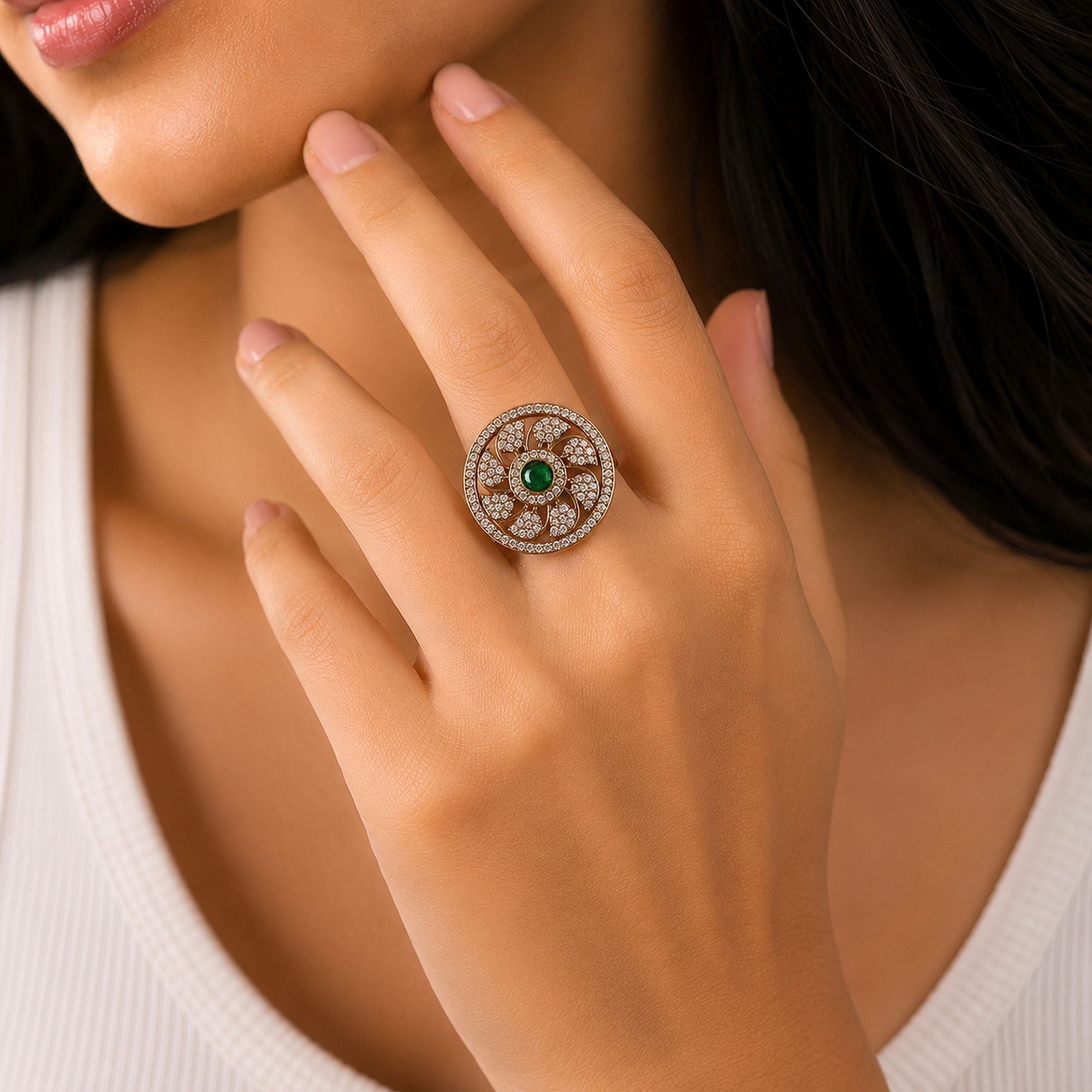 Green Color American Diamond Ring Sparkling Jewelry Style