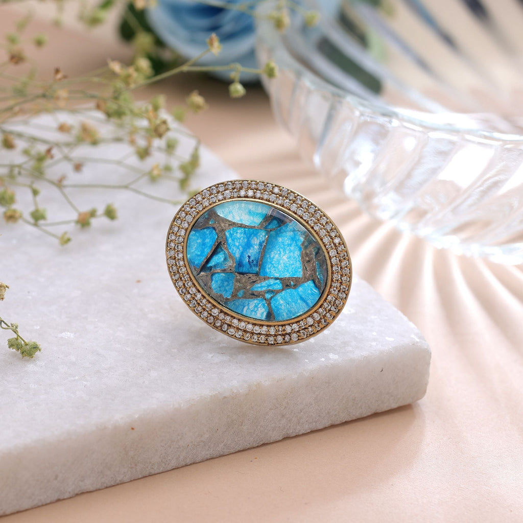 Turquoise Color American Diamond Ring Sparkling Fashion Style