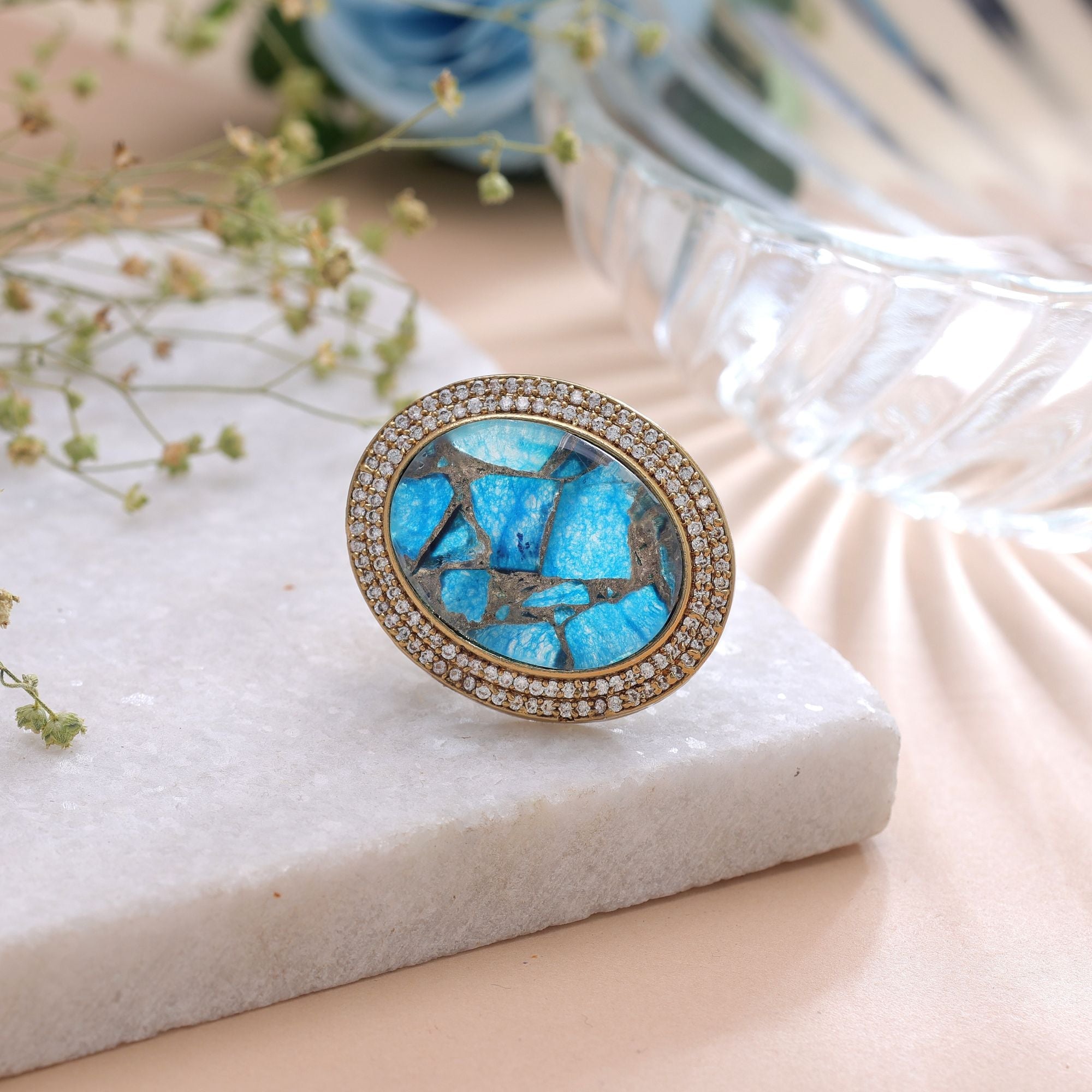Turquoise Color American Diamond Ring Sparkling Fashion Style