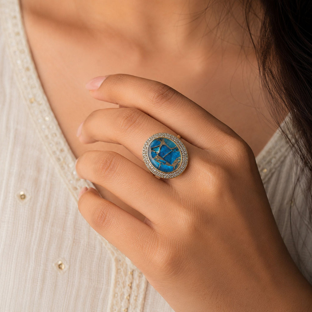 Turquoise Color American Diamond Ring Sparkling Fashion Style
