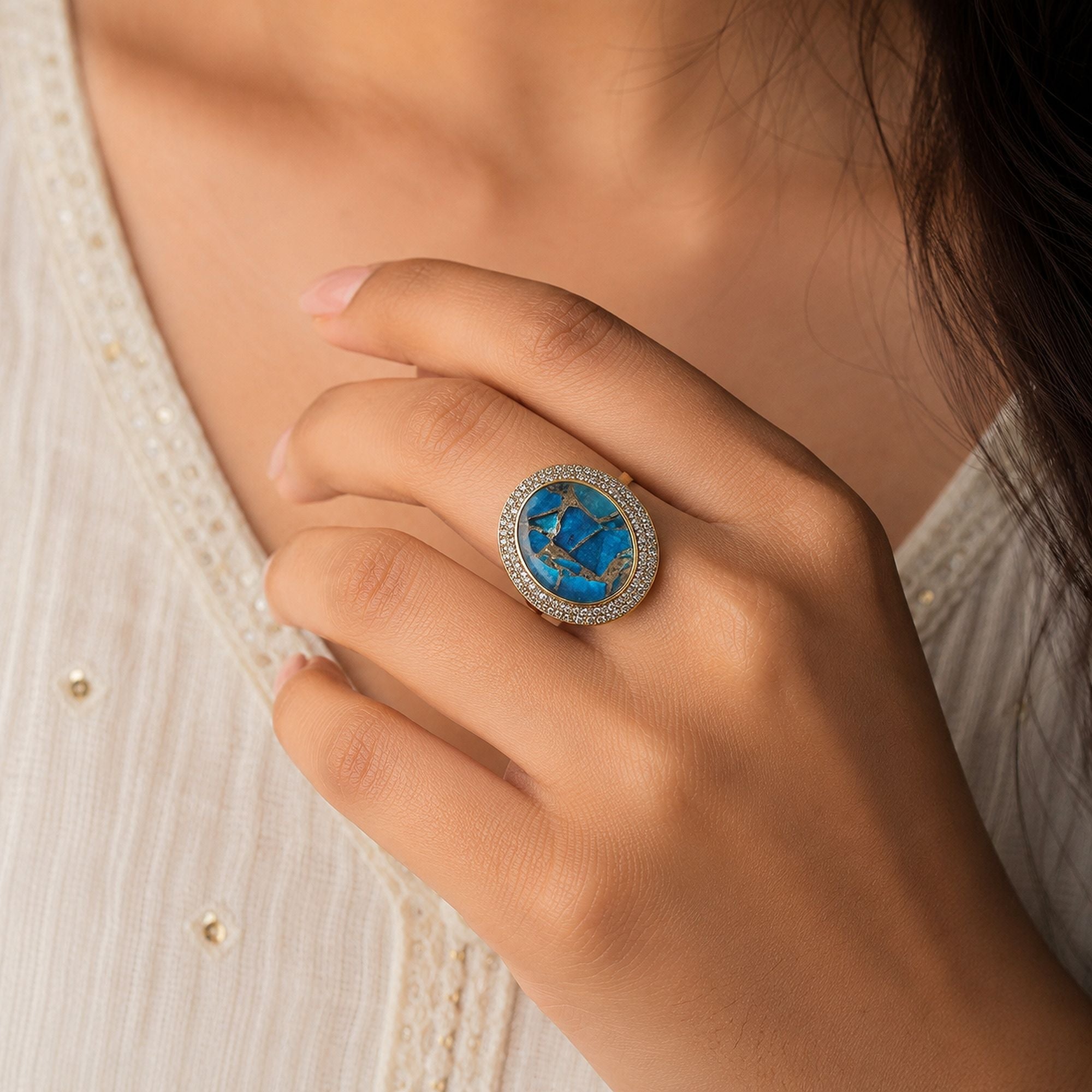 Turquoise Color American Diamond Ring Sparkling Fashion Style