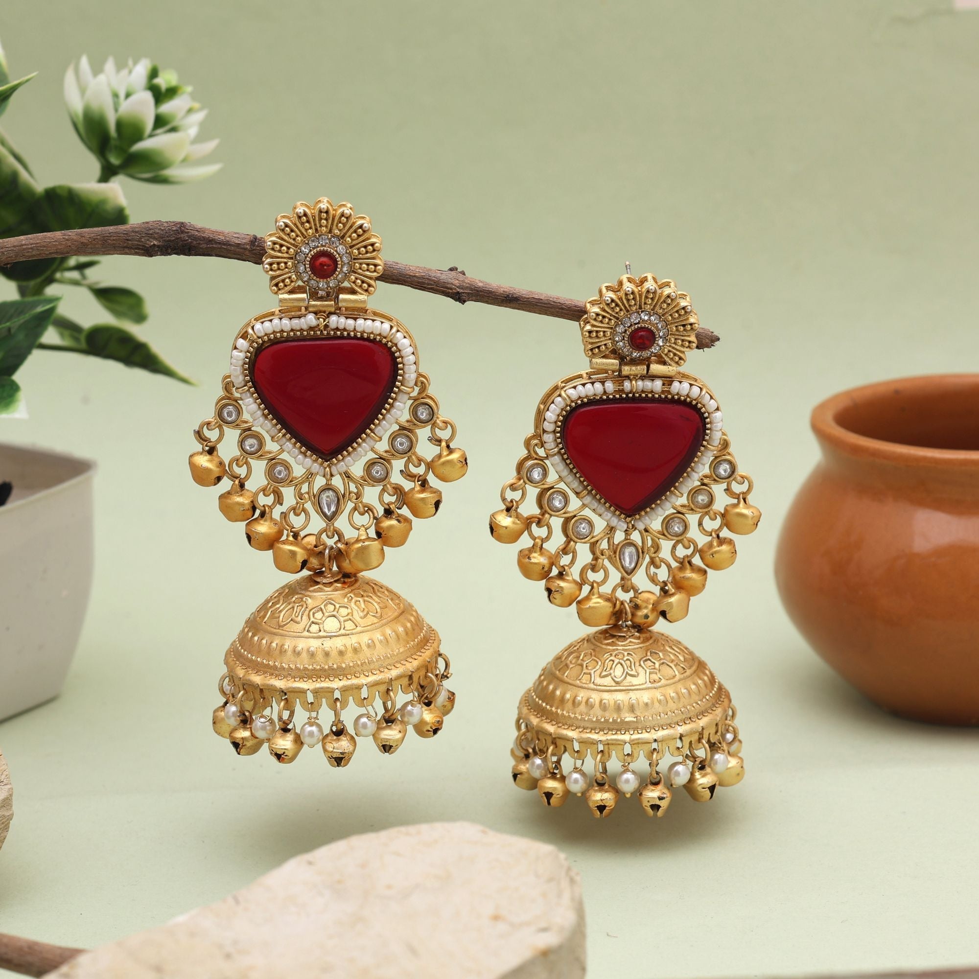 Gorgeous Maroon Color Amrapali Earrings With Antique Finish For Traditional Wear
