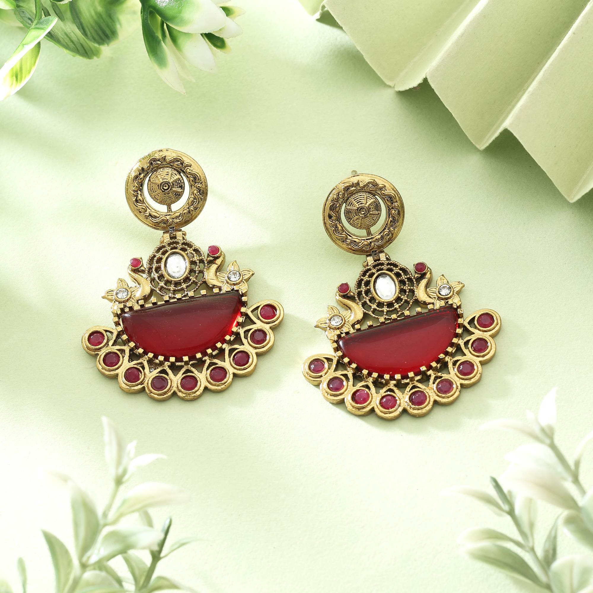 Gorgeous Red Color Monalisa Stone Earrings With Crystal And Kundan Finish