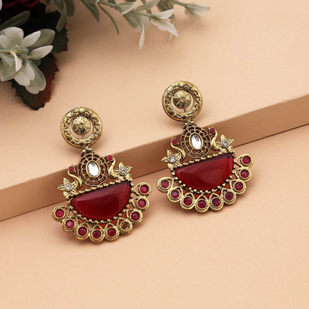 Gorgeous Red Color Monalisa Stone Earrings With Crystal And Kundan Finish